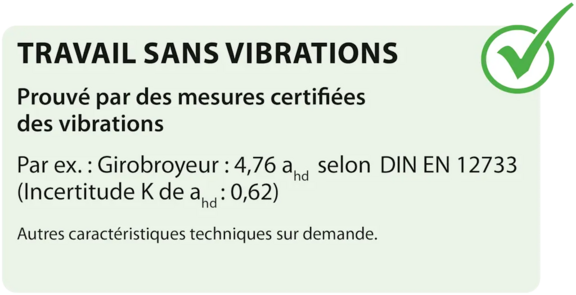 TRAVAIL À FAIBLE VIBRATION Prouvé par des mesures de vibration certifiées Exemple : broyeur à lame rotative : 4,76 ahd selon DIN EN 12733 (incertitude K de ahd : 0,62)