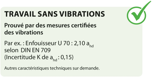 TRAVAIL À FAIBLE VIBRATION Prouvé par des mesures de vibration certifiées Exemple : fraiseuse réversible U70 d'agria : 2,10 ahd selon DIN EN 709 (incertitude K de ahd : 0,15)