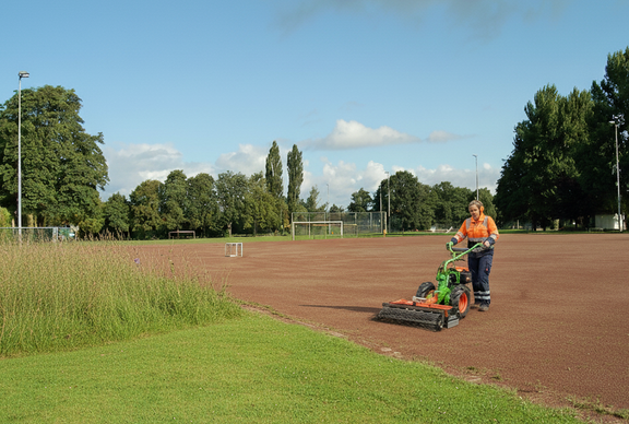 agria 3400 mit Wegepflegegerät auf Sportplatz