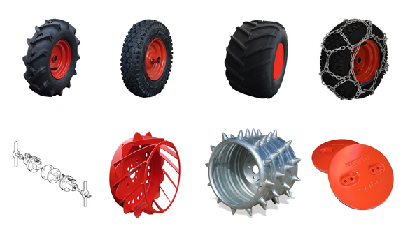 Zubehöre: Bereifungen, Mehrfachbereifung, Flansche, Gitterräder, Stachelwalzen, Schneeketten, Radgewichte