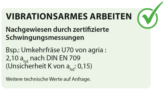 VIBRATIONSARMES ARBEITEN Nachgewiesen durch zertifizierte Schwingungsmessungen Bsp.: Umkehrfräse U70 von agria : 2,10 ahd nach DIN EN 709 (Unsicherheit K von ahd: 0,15)