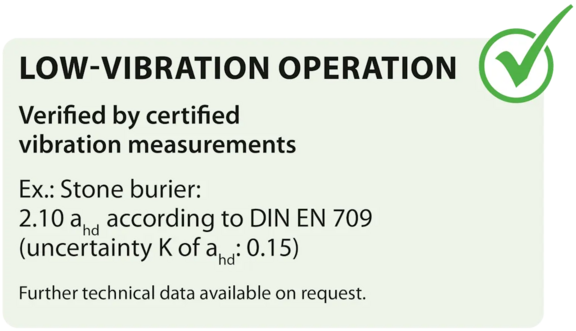 LOW-VIBRATION OPERATION Proven by certified vibration measurements Example: agria U70 reverse tiller: 2.10 ahd according to DIN EN 709 (uncertainty K from ahd: 0.15)