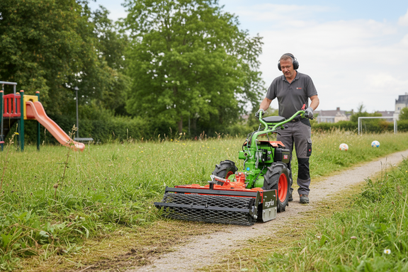 agria 3400 mit Wegepflegegerät auf Spielplatz
