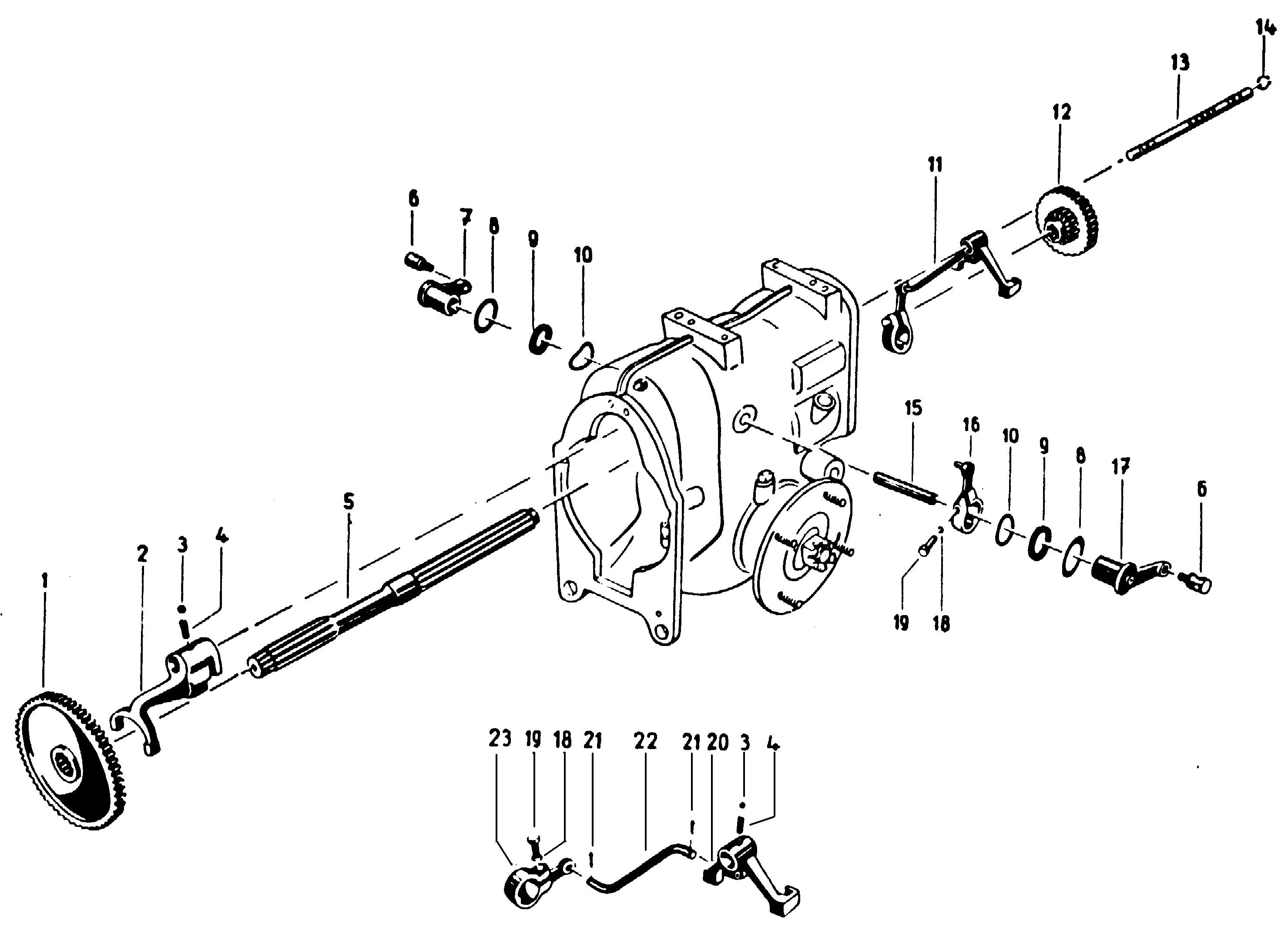 Arbre principal, levier externe, pignons de cde
