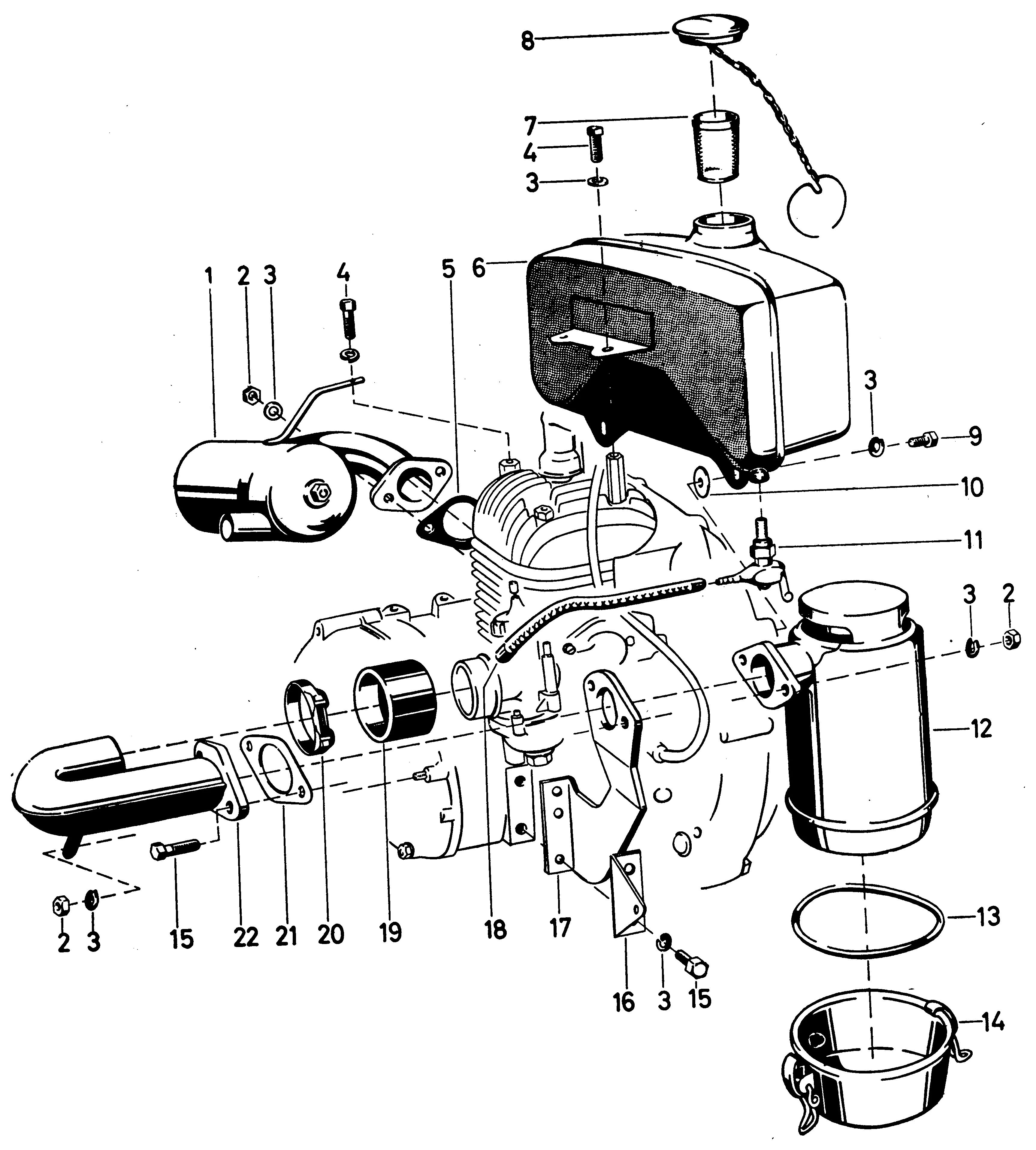 Fuel tank, exhaust, oil bath air filter
