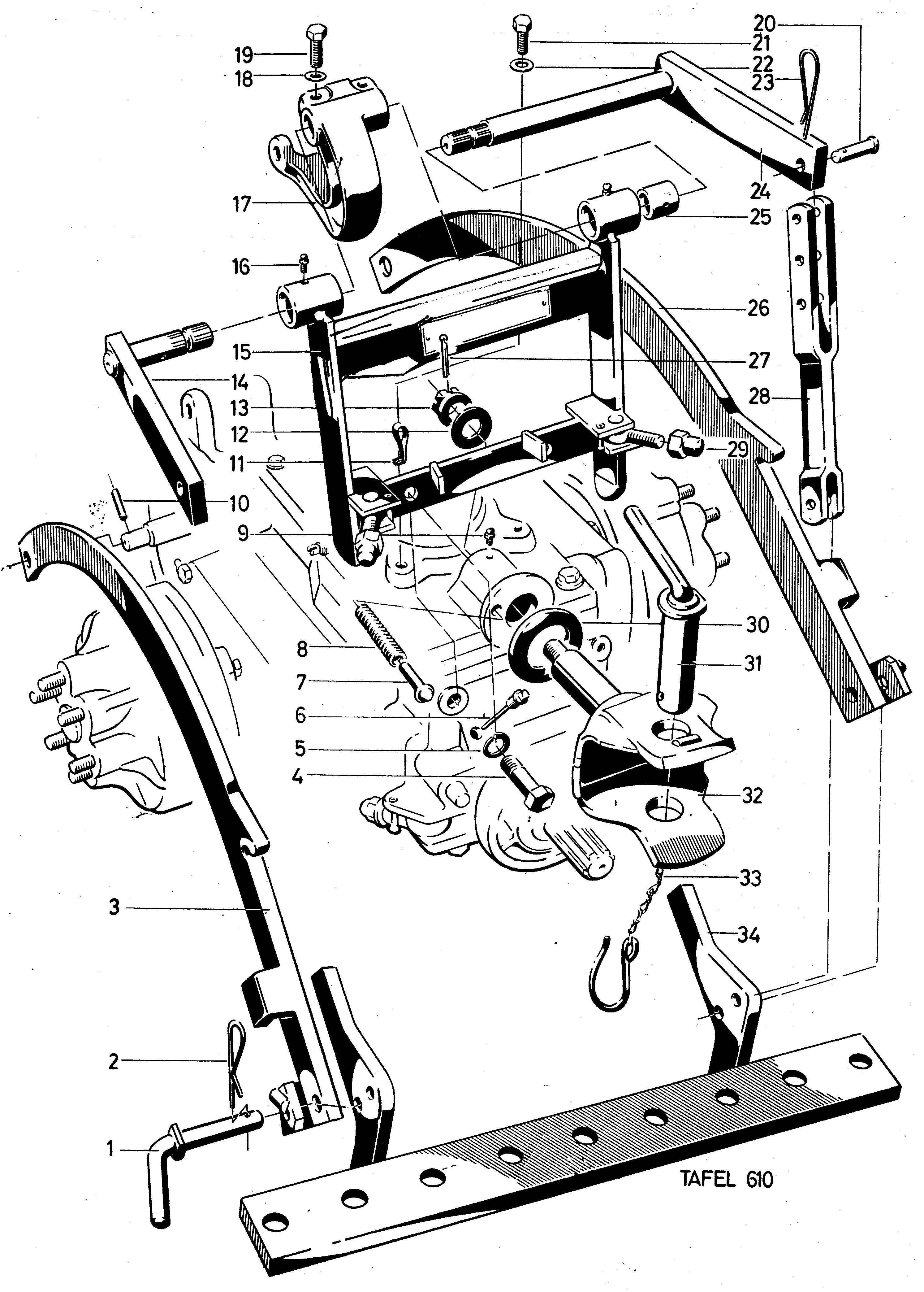 Krafthebeanlage hinten, Anhängevorrichtung, mit Zugbügelbefestigung am Rahmen