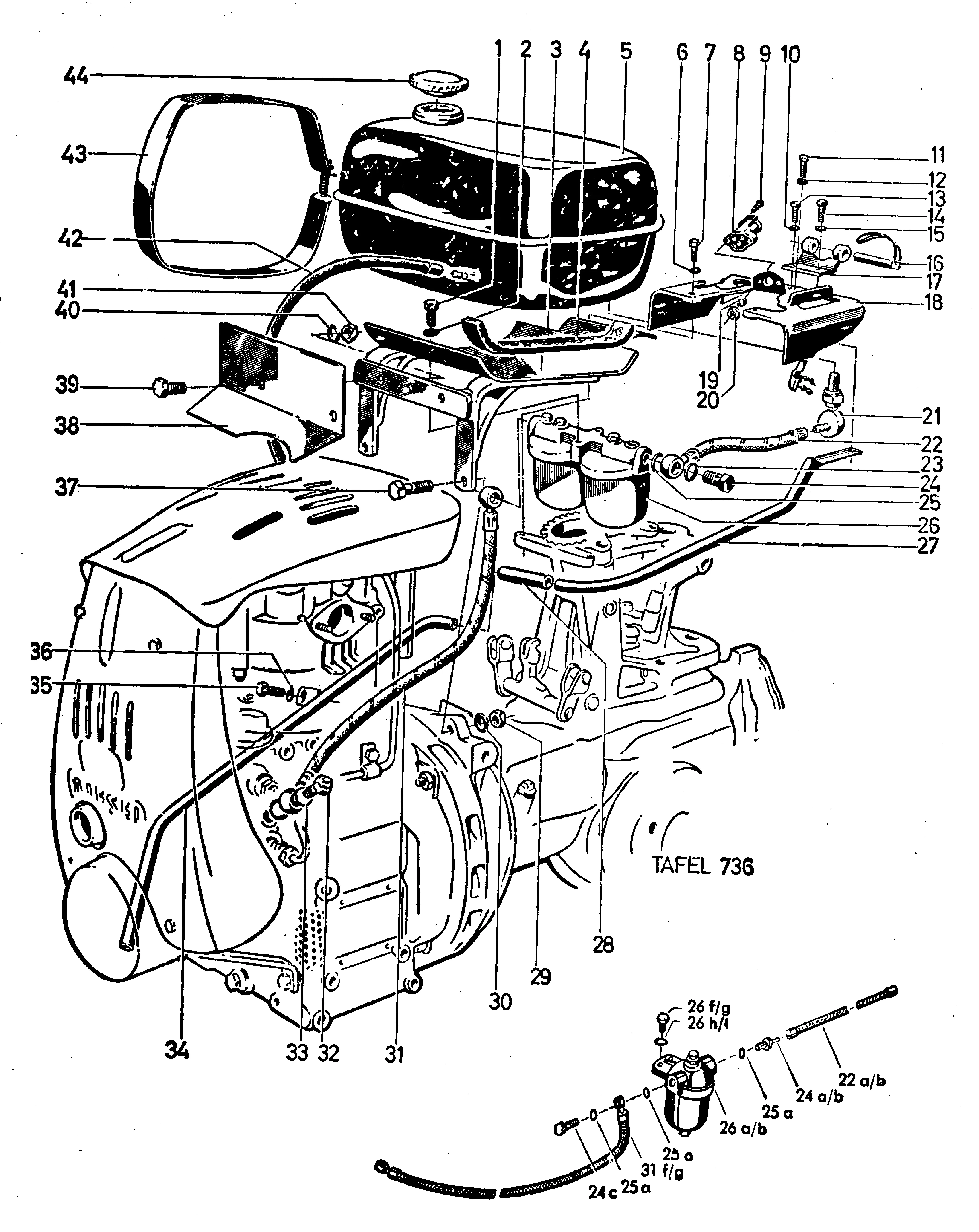 Kraftstoffbehälter, Schaltkulisse, Kraftstofffilte, Hatz-Dieselmotor