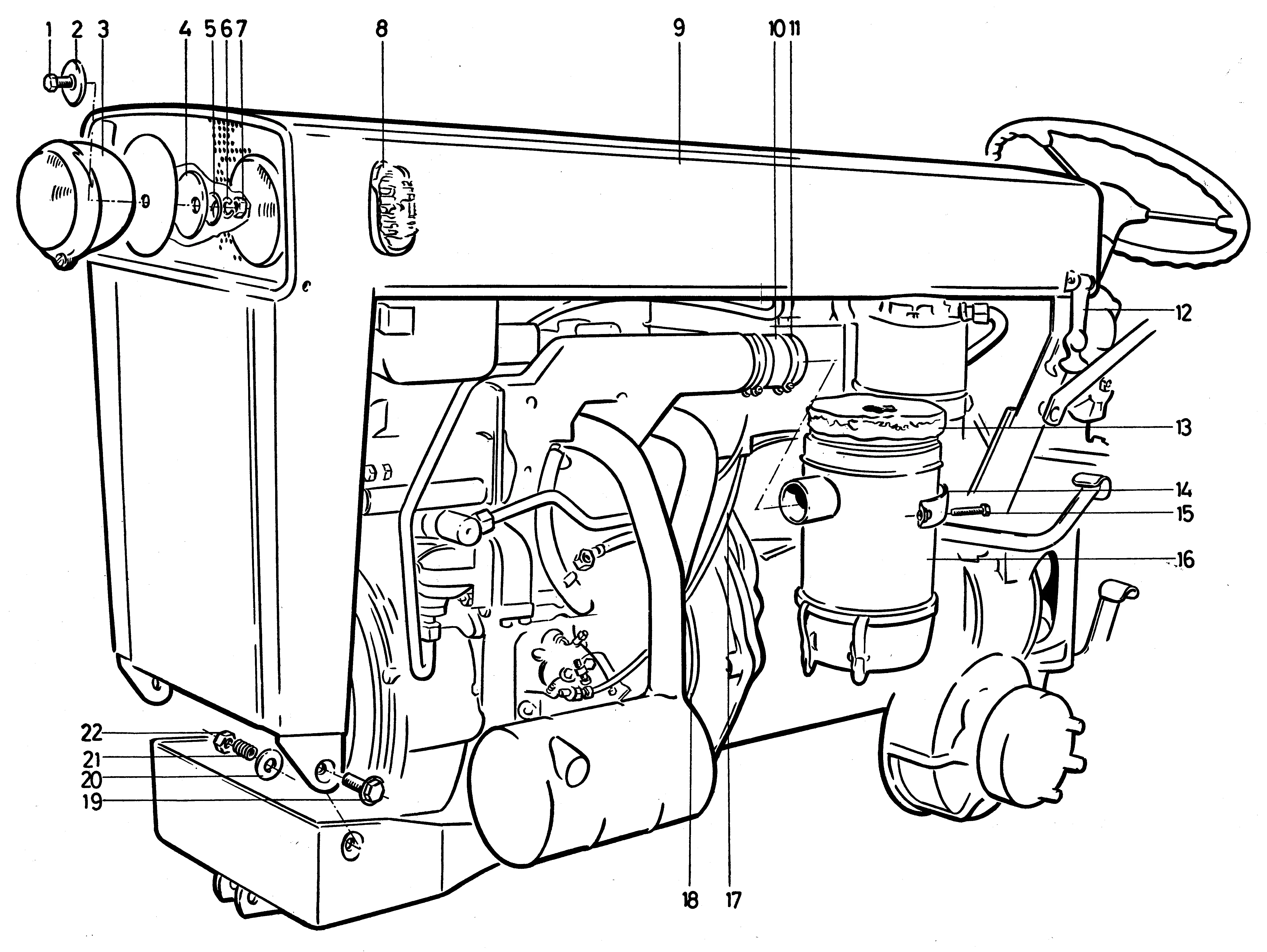 Capot moteur, filtre à air à bain d'huile,  câble Bowden de cde. pour réglage de régime, câble Bowden d'arrêt moteur