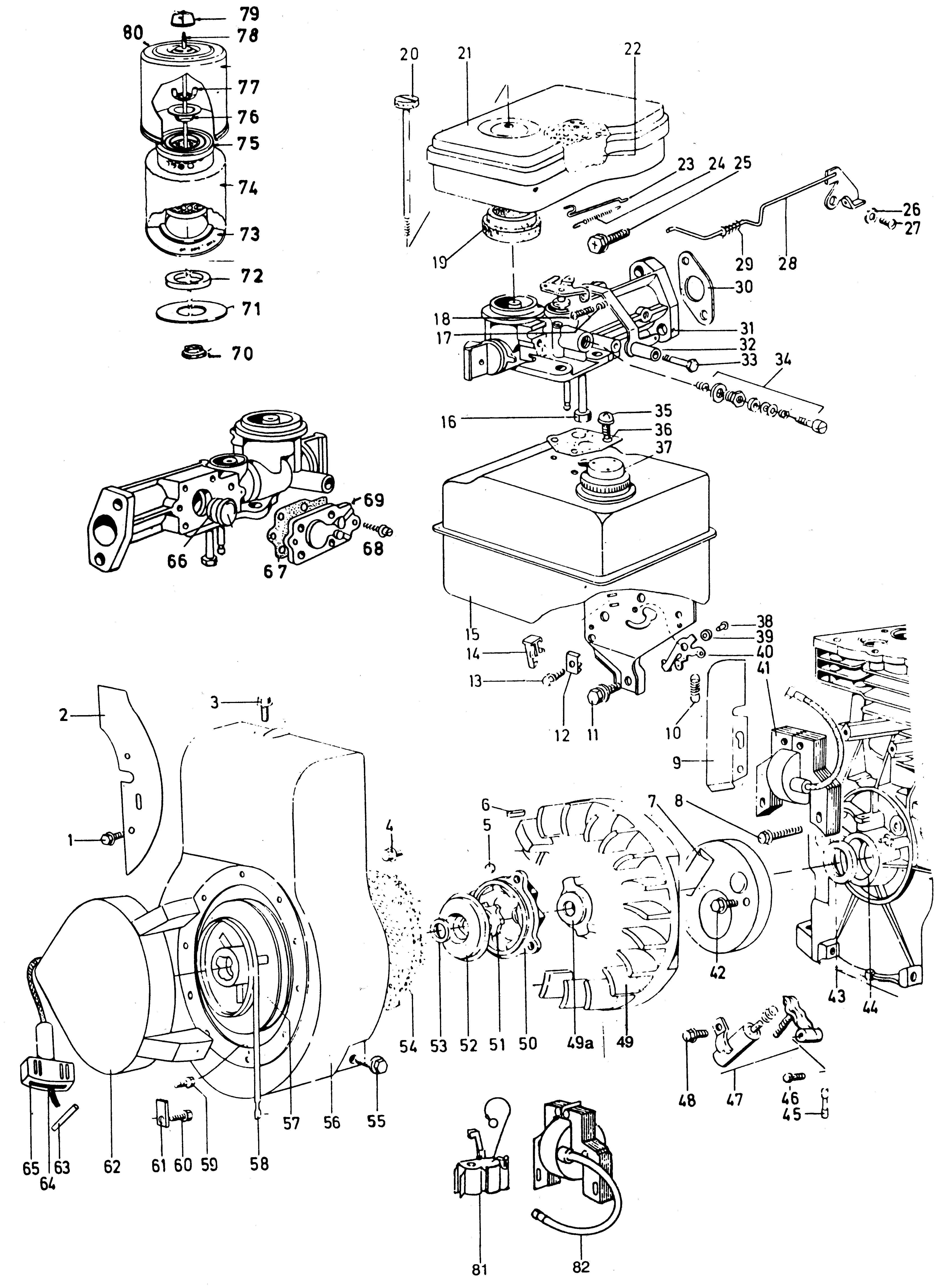 Schwungrad, Zündspule, Lüftergehäuse, Vergaser, Kraftstoffbehälter, Luftfilter