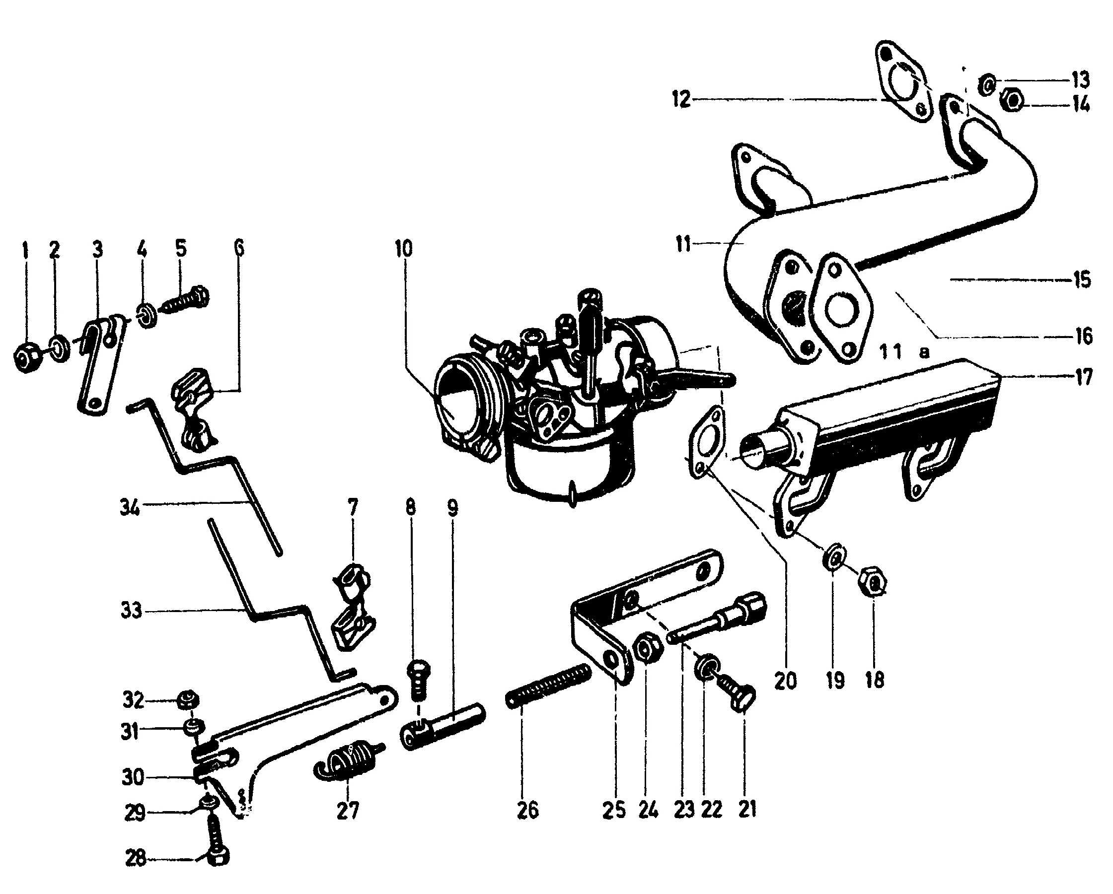 Carburateur, collecteur d'admission, tuyau échappement, tringle