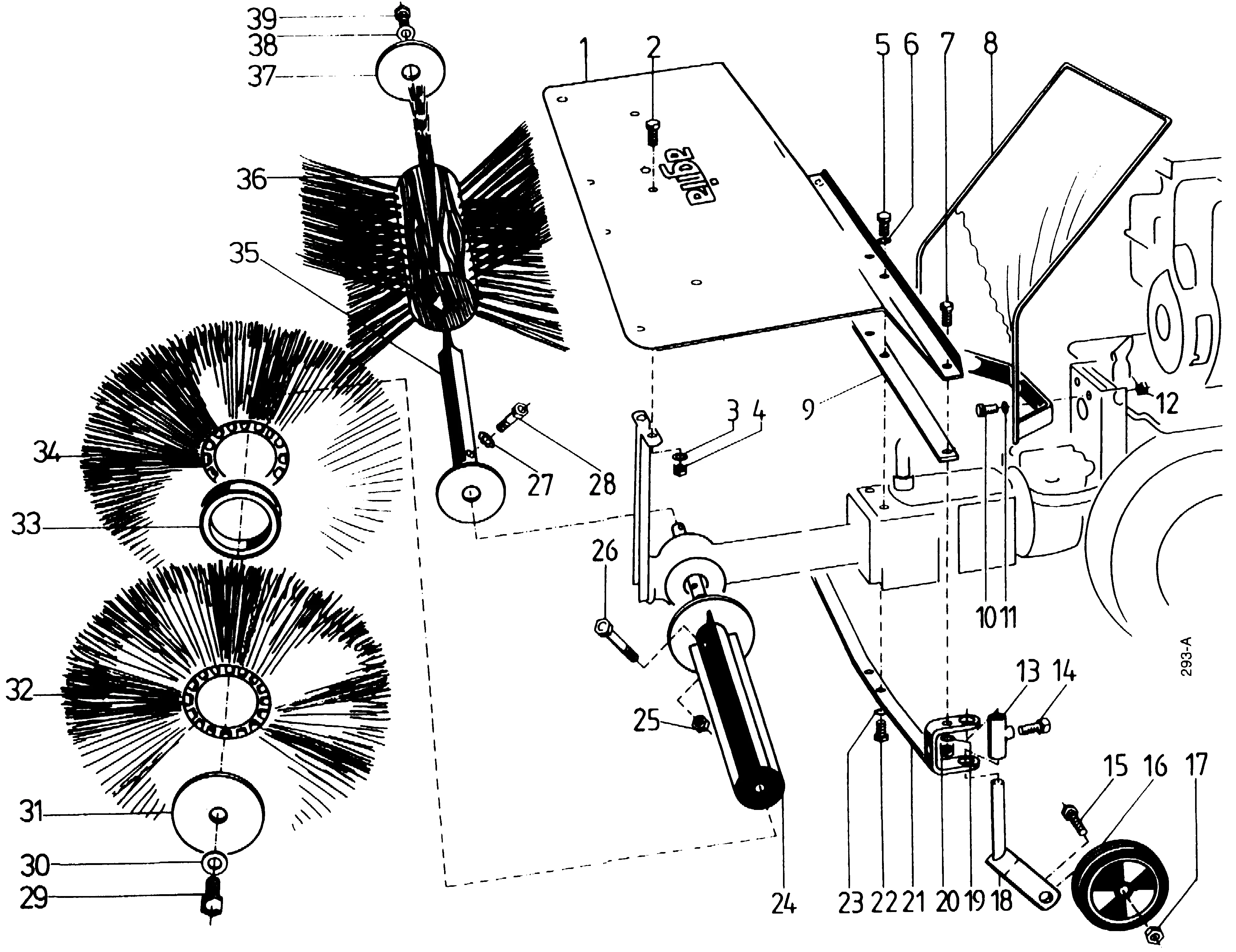 Balayeuse frontal adaptable, brosse, plaque de protection, roue support