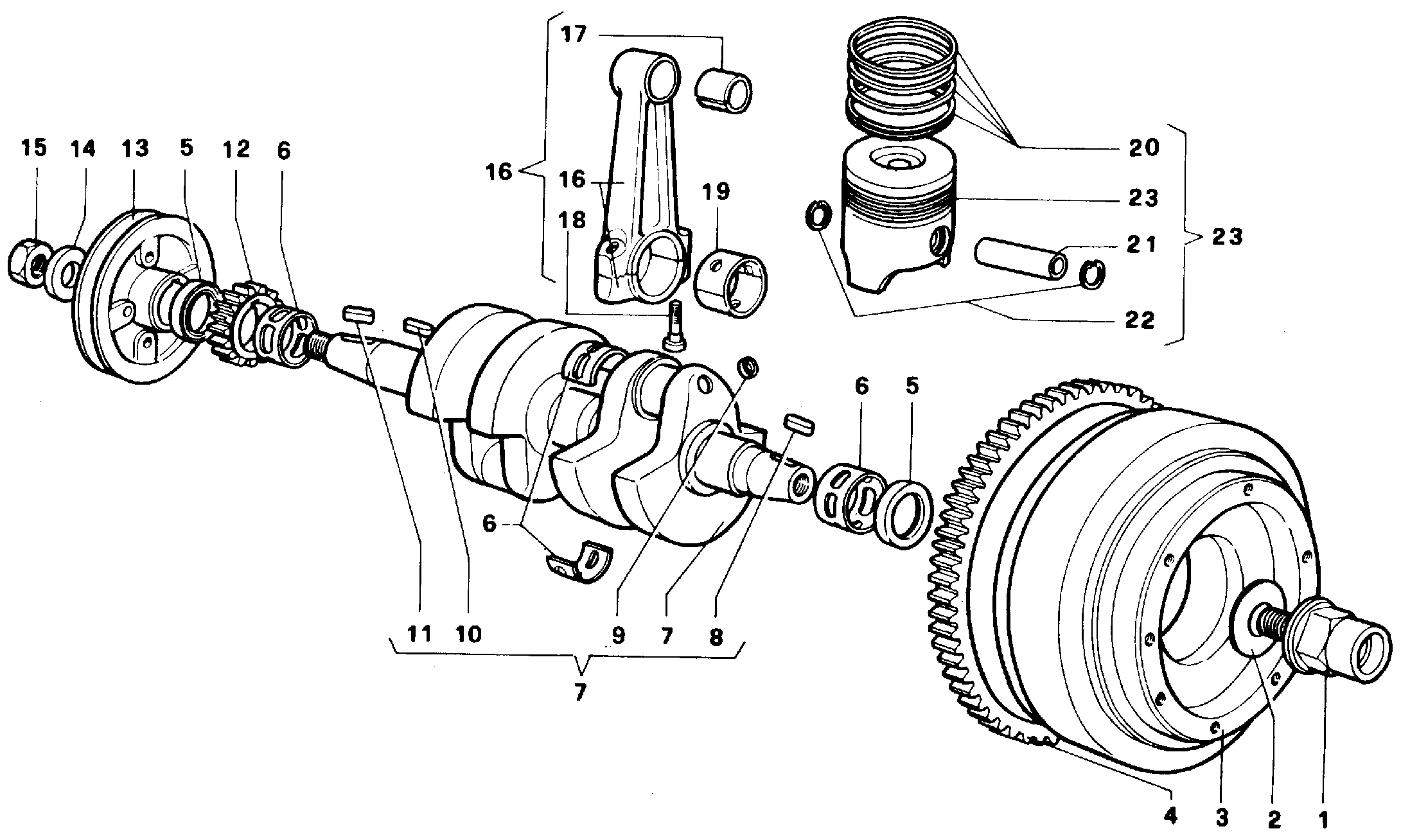 Vilebrequin, piston, volant d'inertie