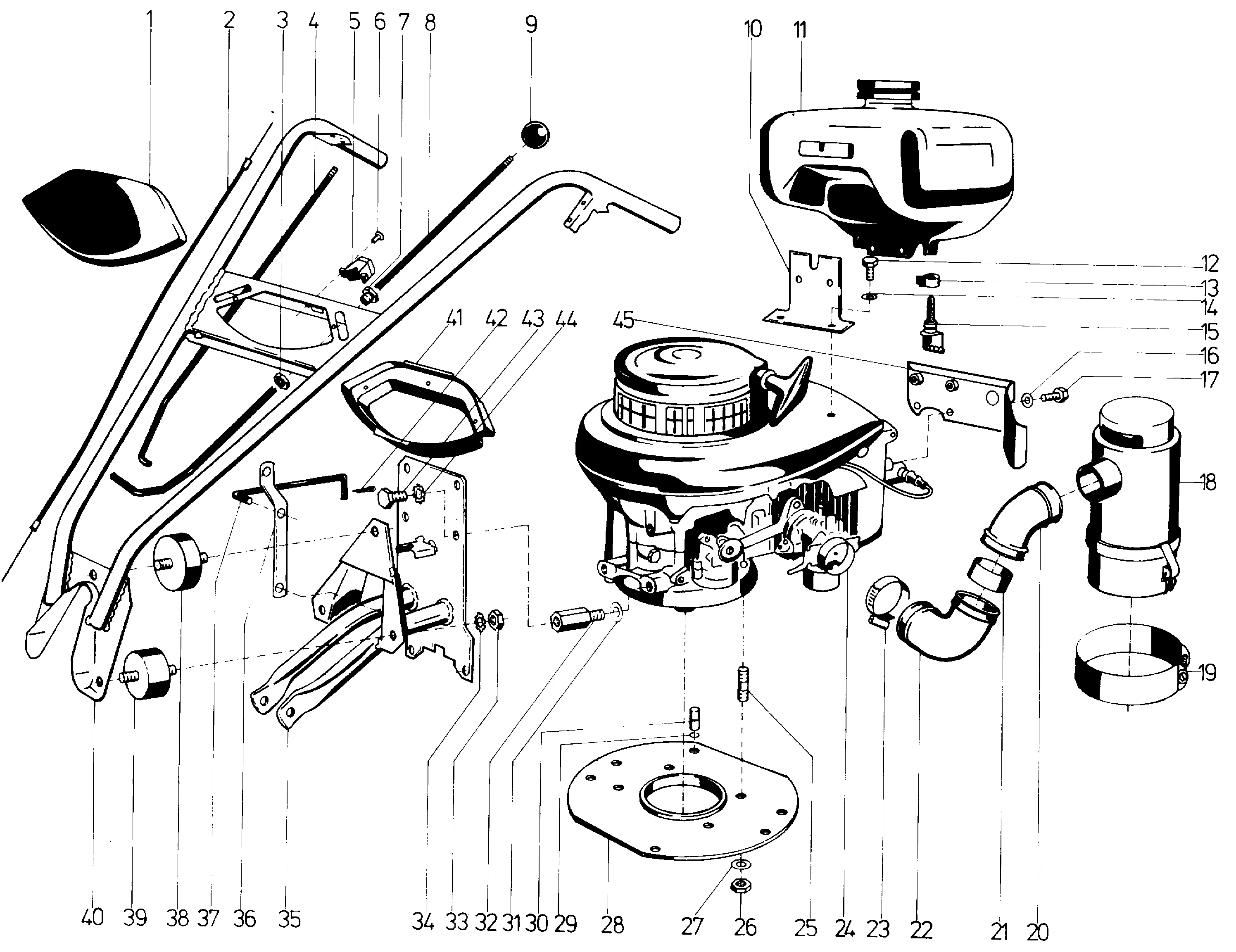 Handlebar, lower bar, fuel tank, oil bath air filt