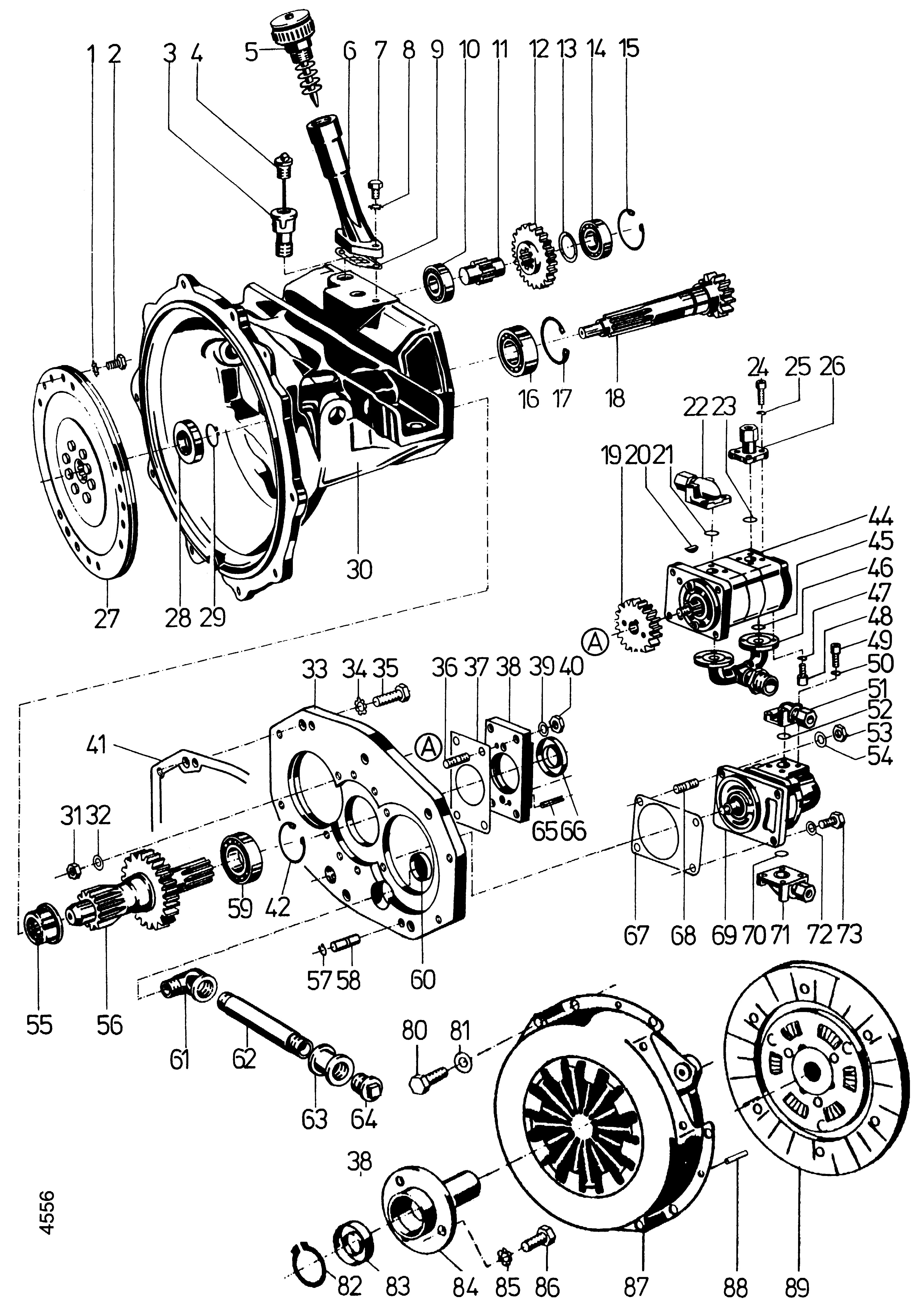Housing, arbre d'inversion, pompes hydr., Ausführung mit Renault-Motor 688-7/45, Ruggerini RW 270, Kubota Diesel-Motor V 1200-B