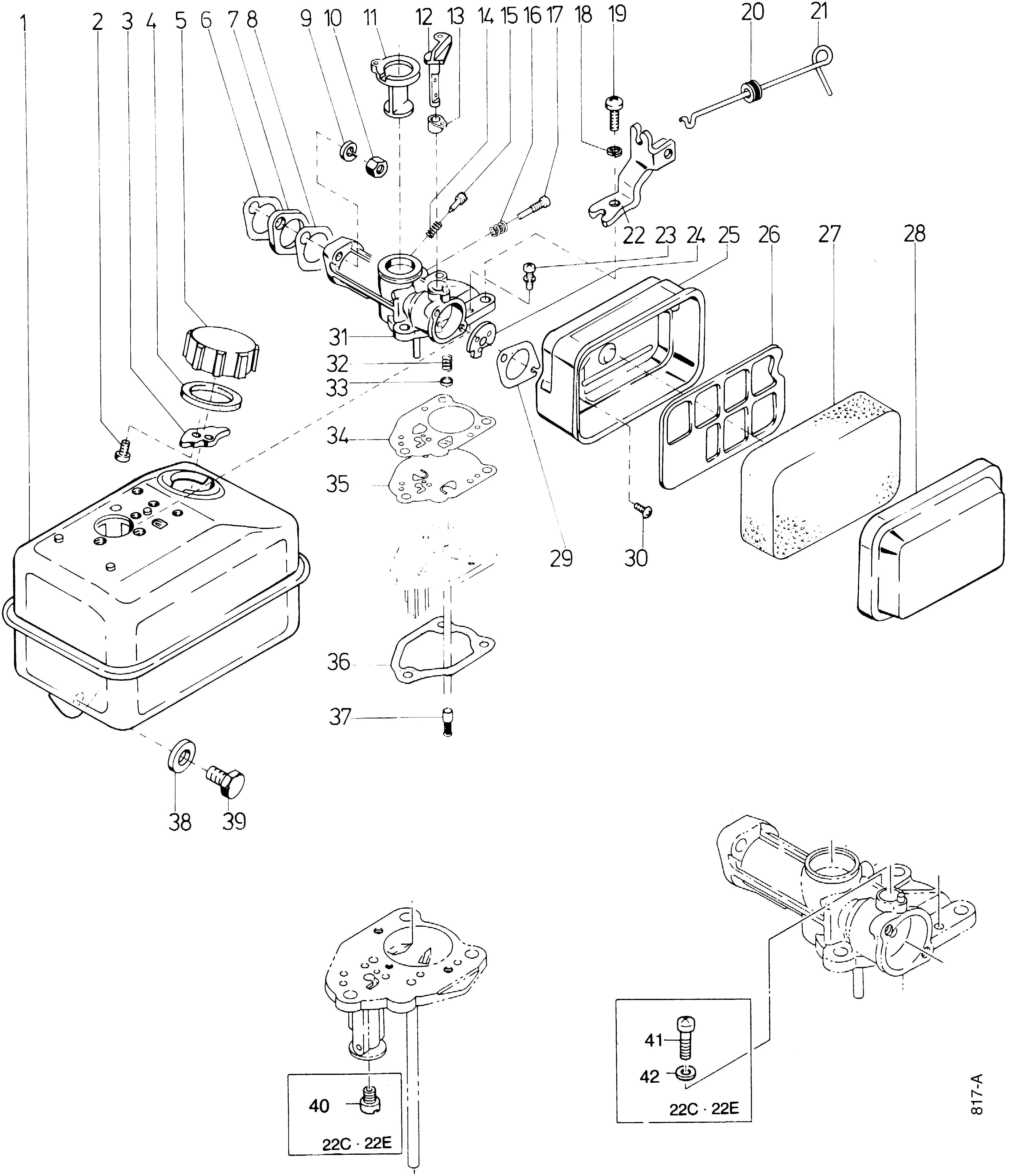 Carburateur, réservoir de carburant, filtre air
