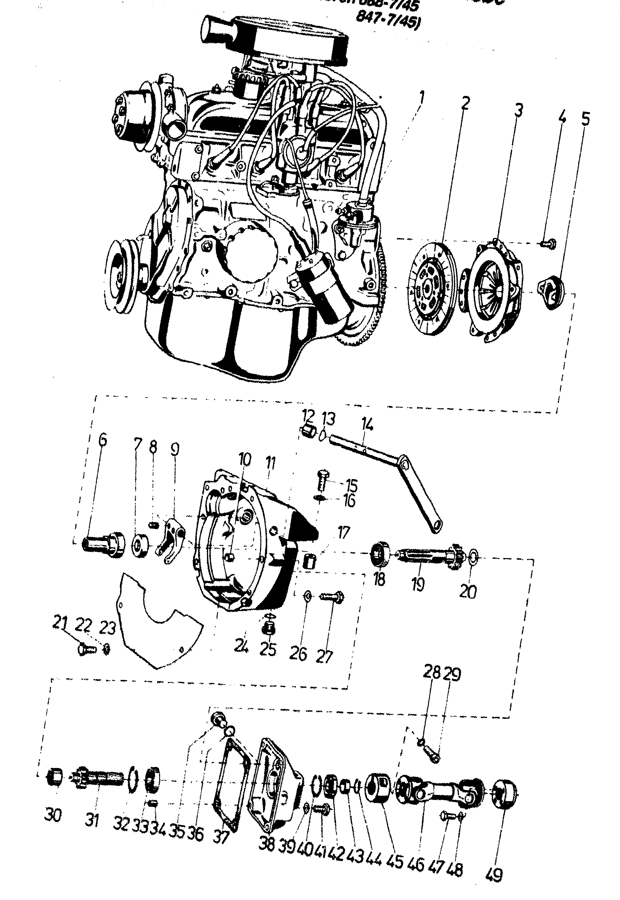 Motor, Kupplung, Umkehrgetriebe, Renault Benzin-Motoren 688-7/45 und 847-7/45