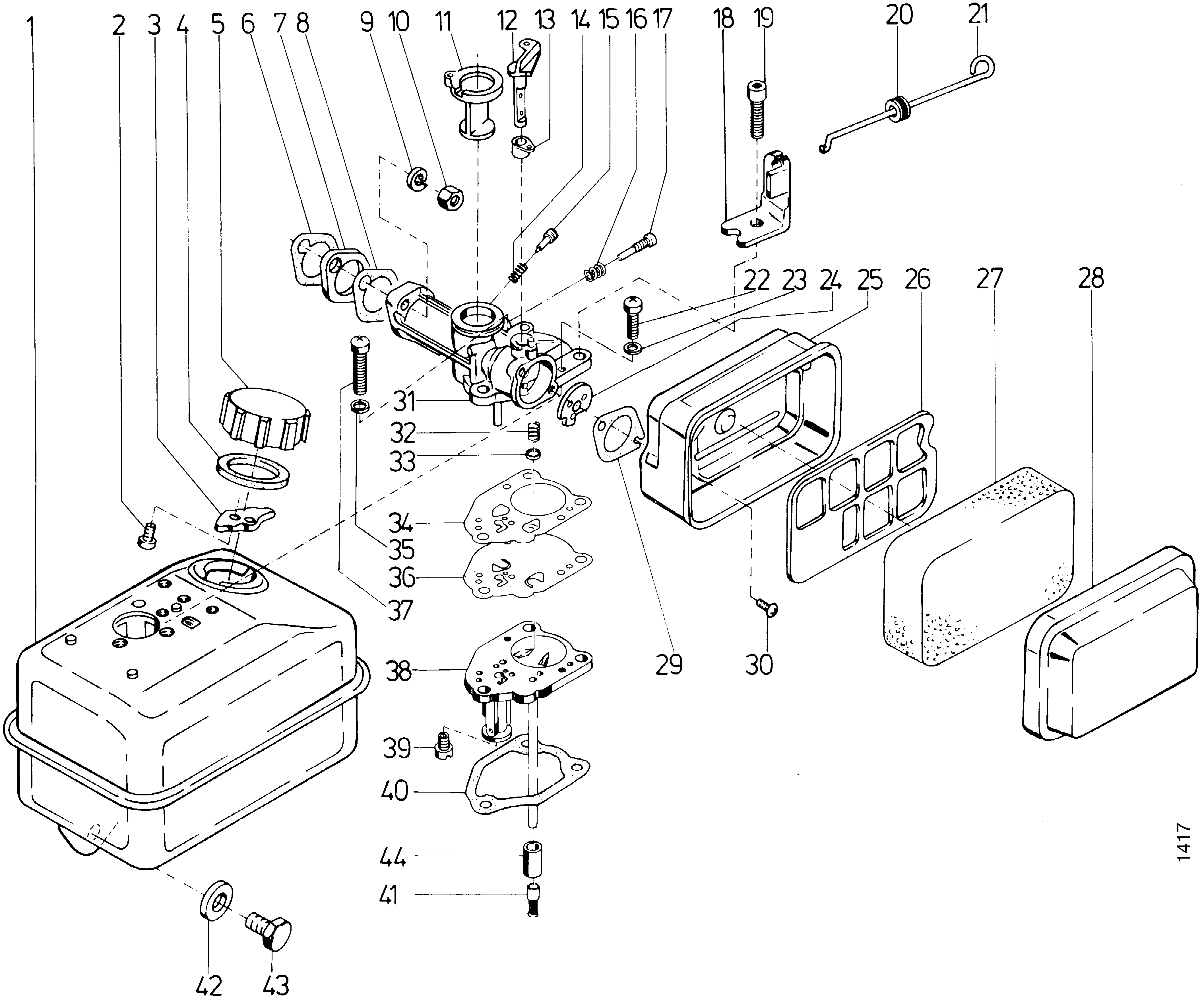 Carburateur, réservoir de carburant, filtre air