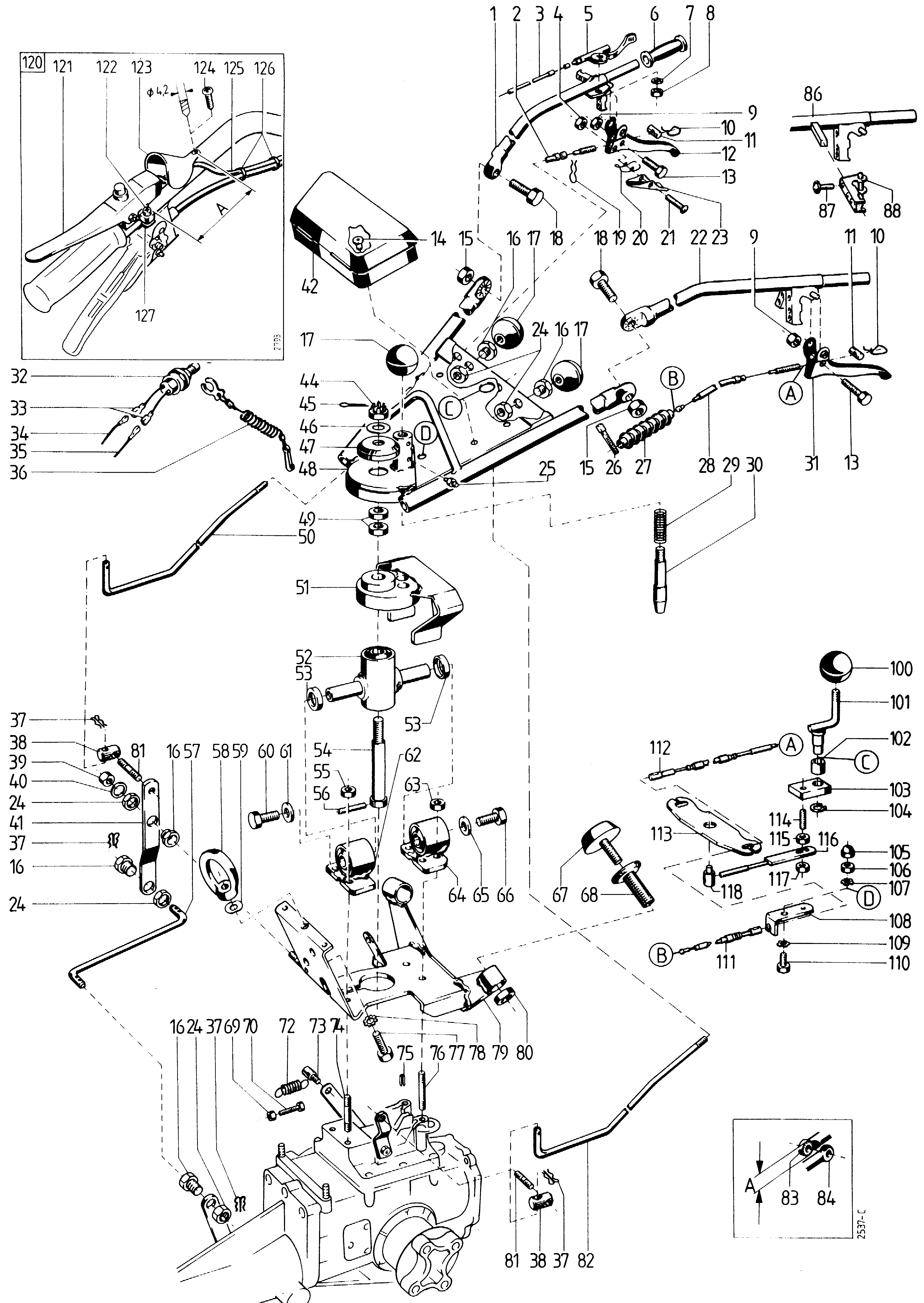 Lenker, Bowdenzüge, Schaltstangen, Ausführung 2-Achsholmlager. 2 Anschlagpuffer