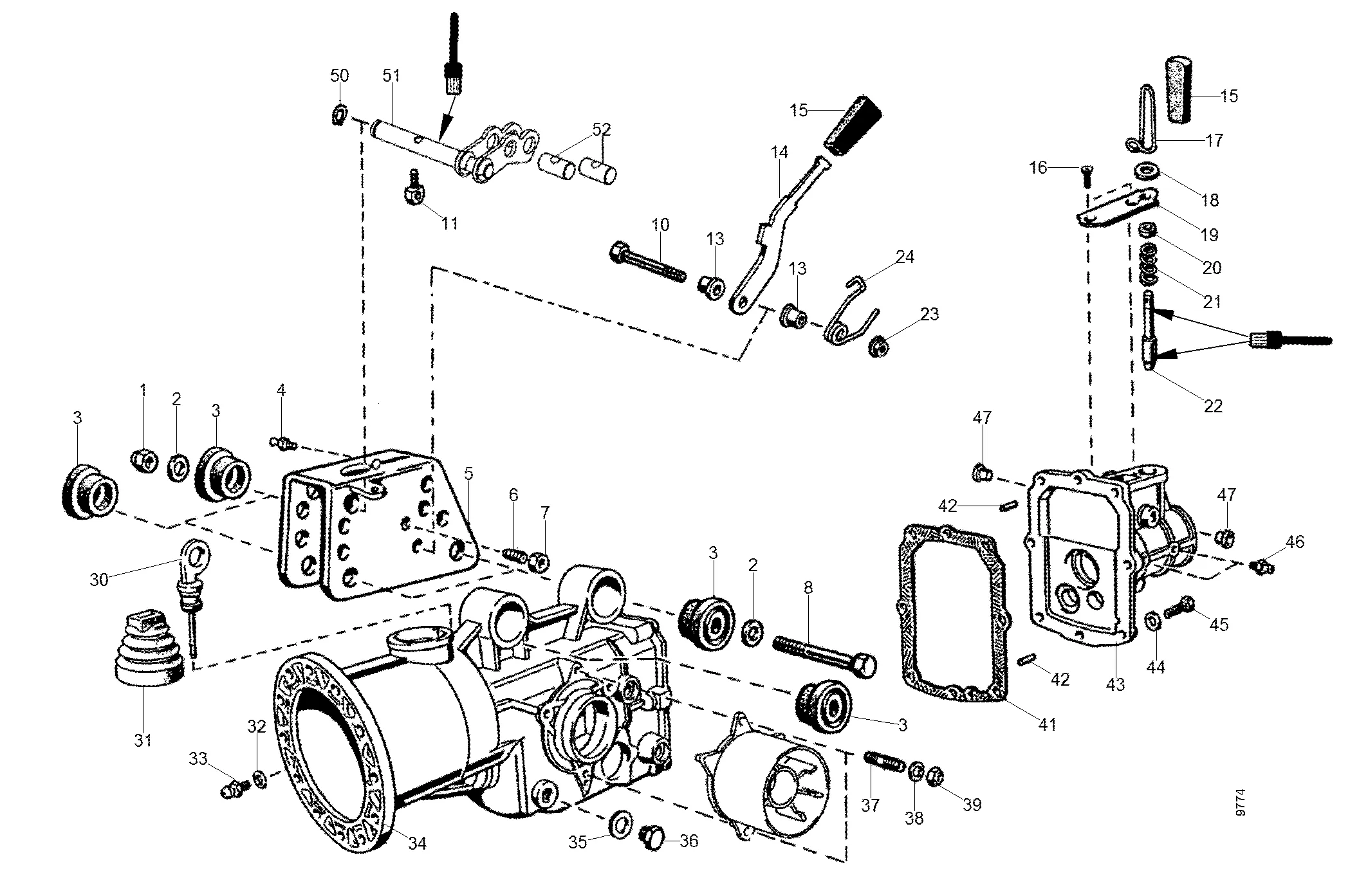 Carter de b.v., éléments de commande, carter arrière