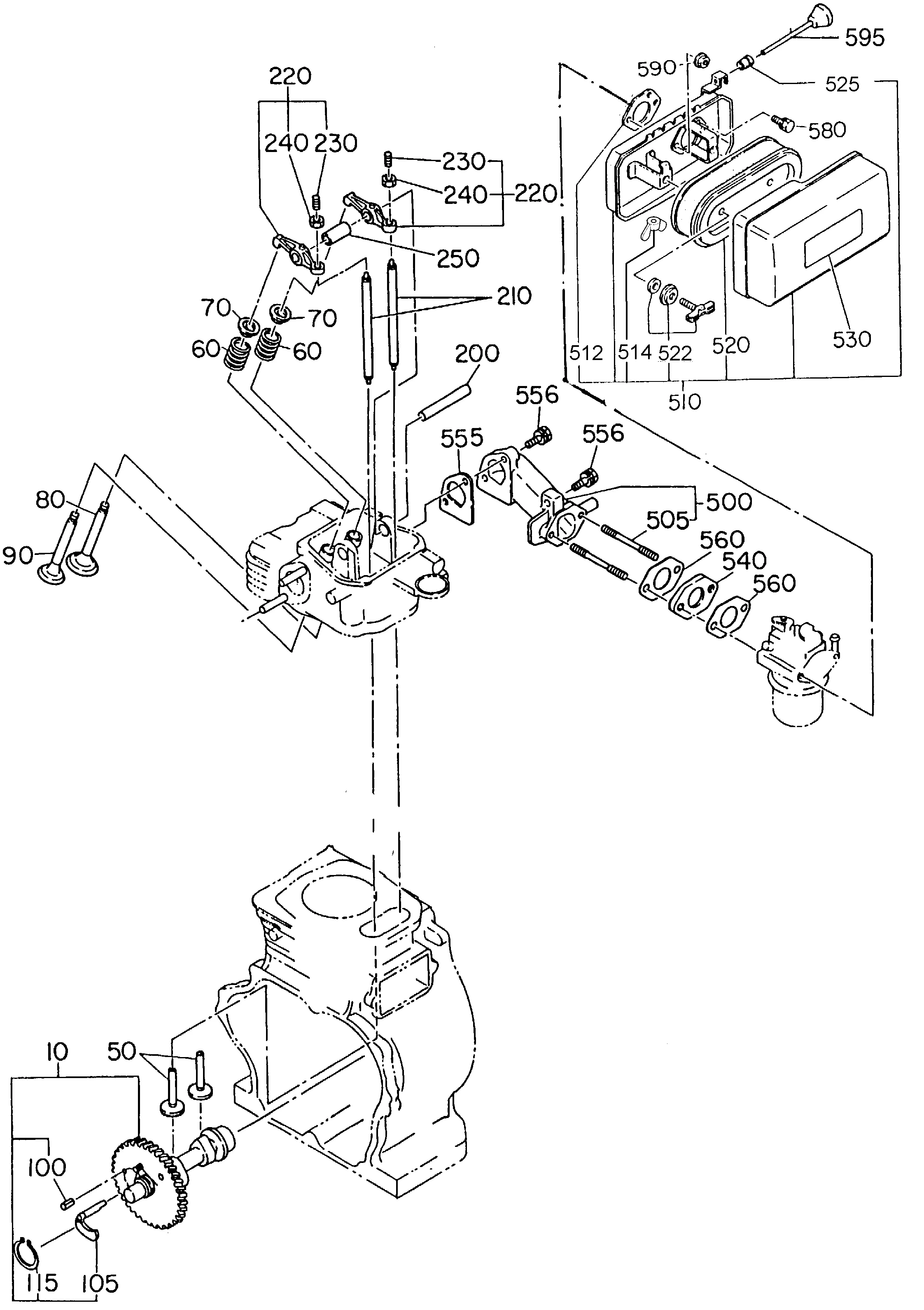 Arbre à cames, soupapes, filtre à air