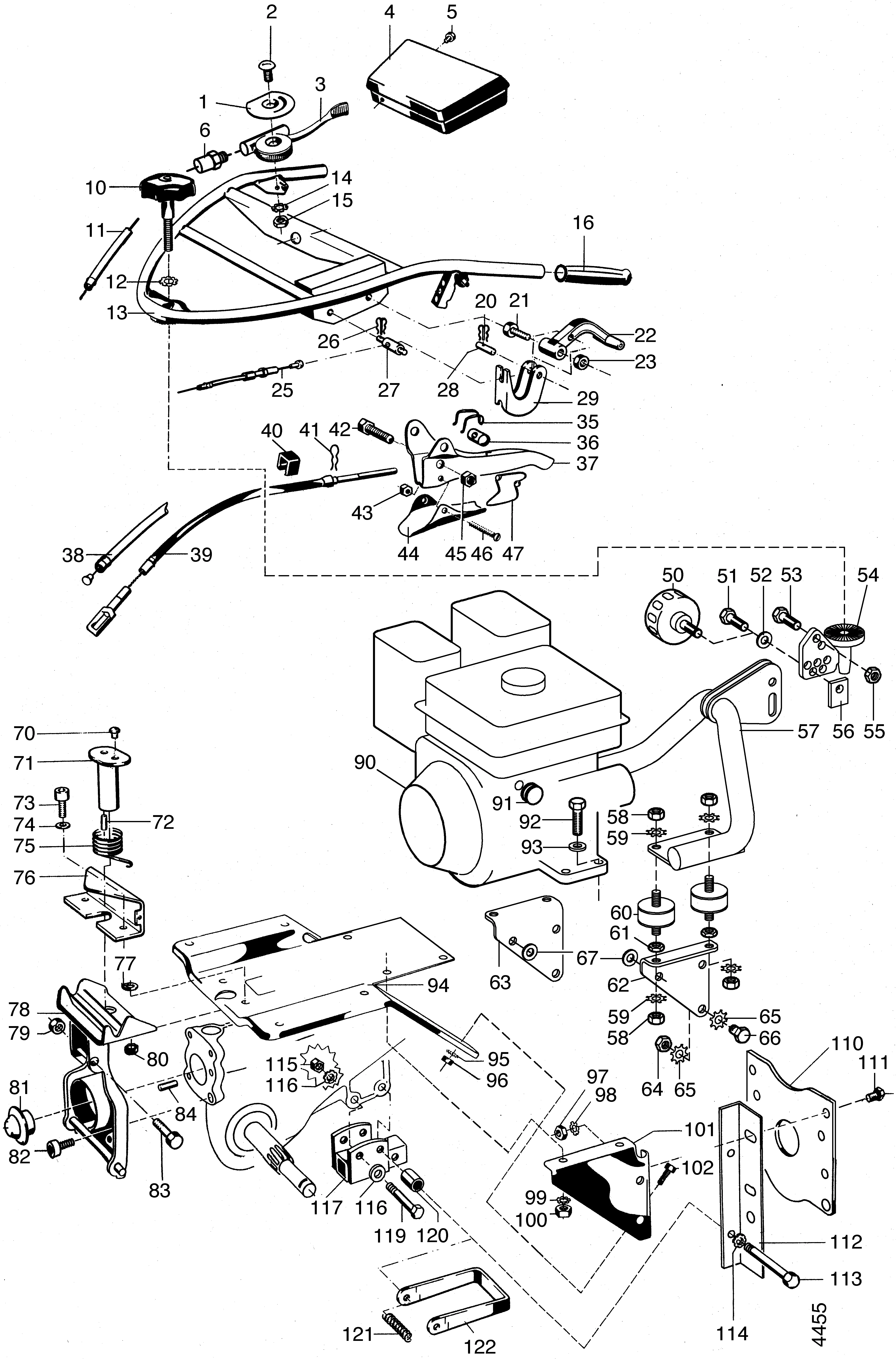 Handlebar, bowden cables, engine attachment,