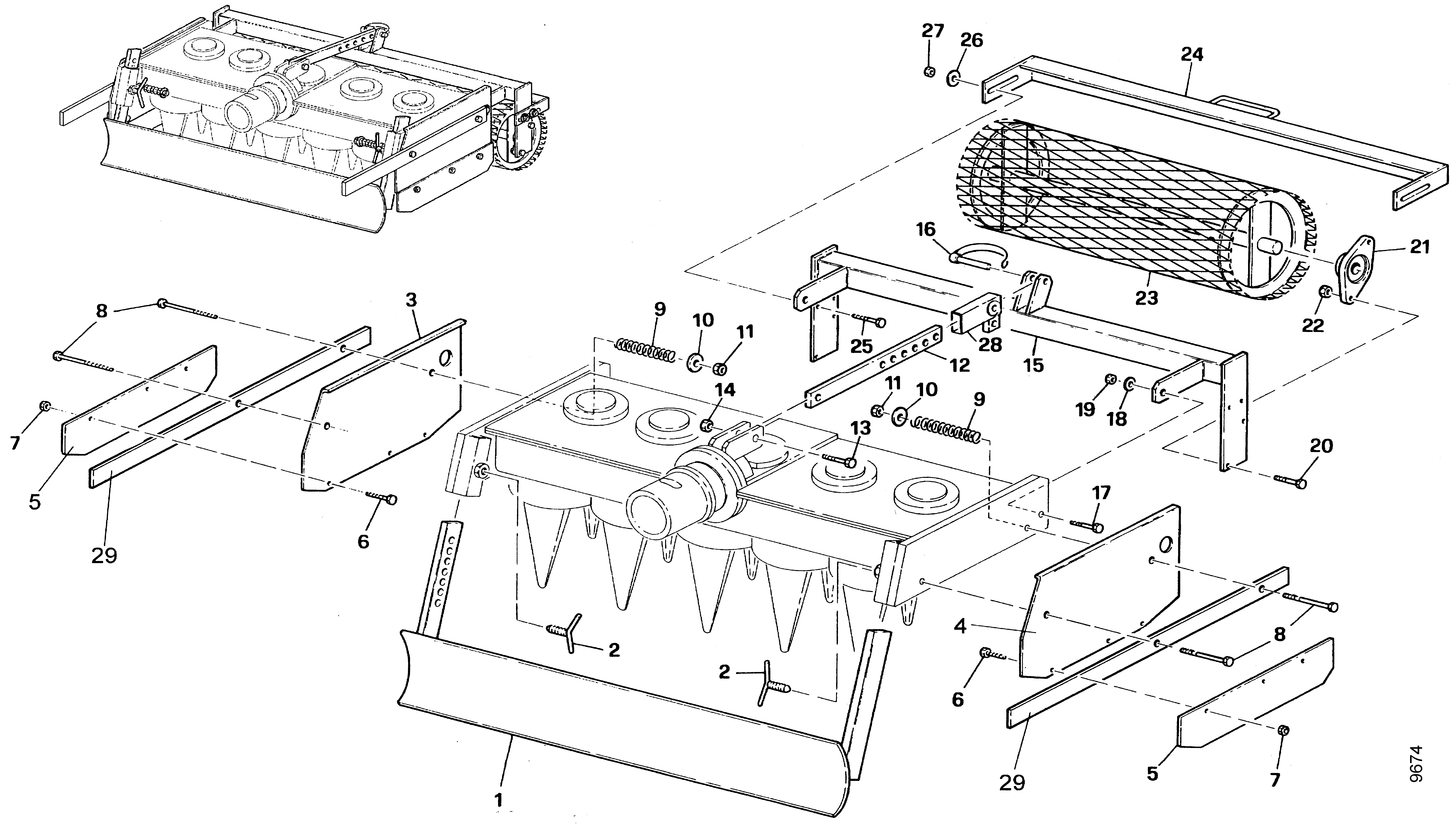 Herse rotative, lame niveleuse, rouleau