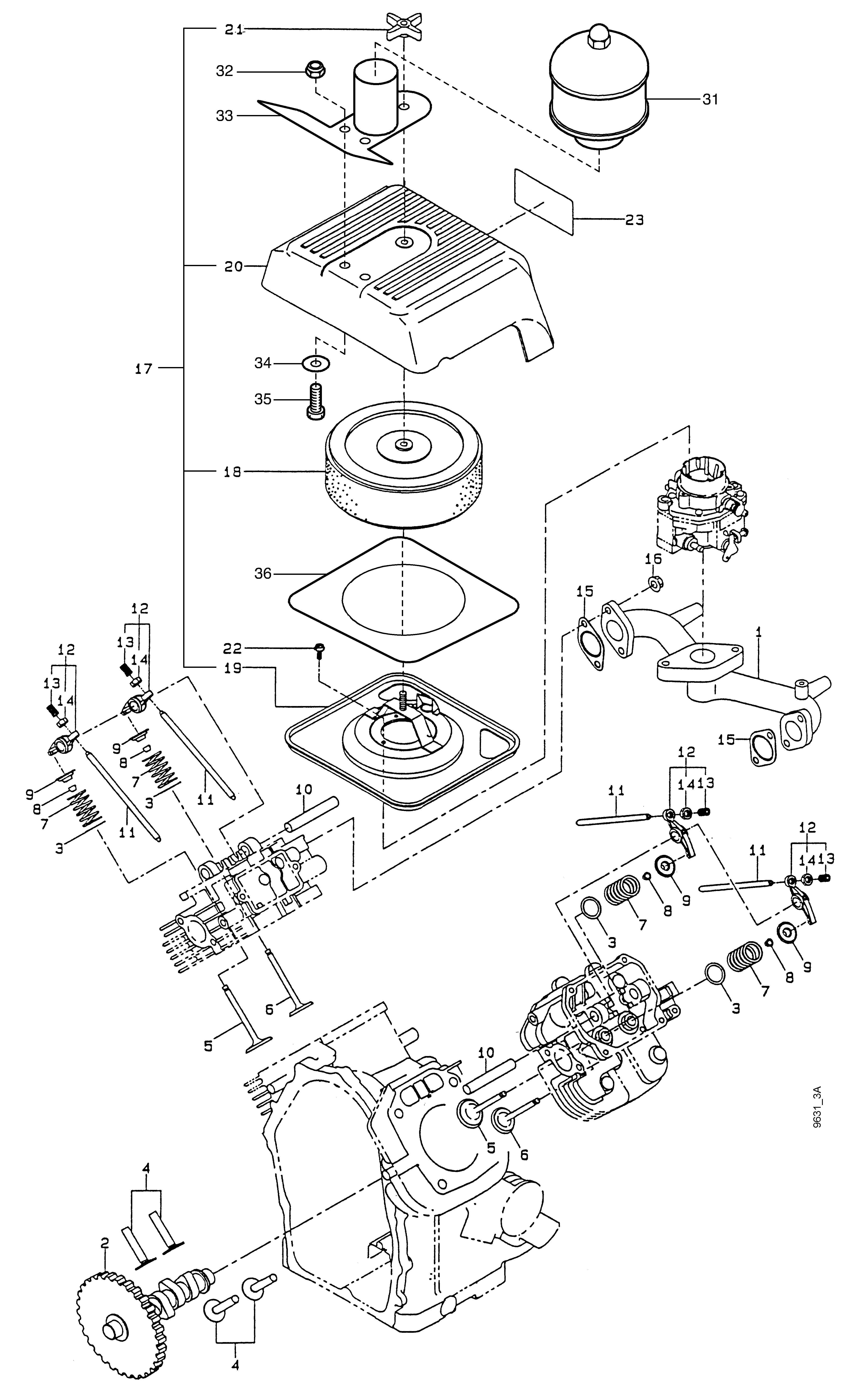 Arbre à cames, soupapes, filtre à air