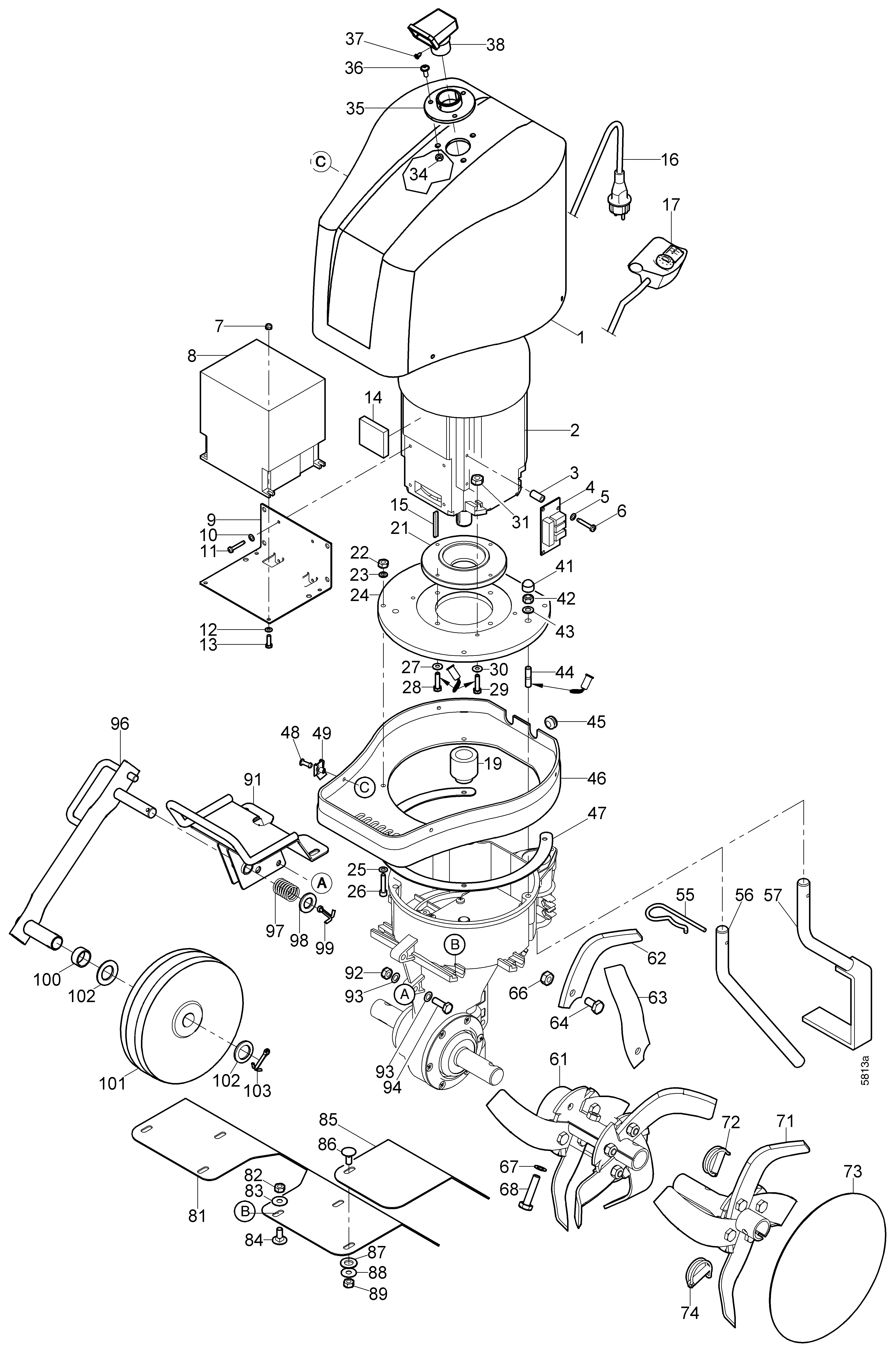 Moteur, plaque de protection, outils binage, roue d'avant