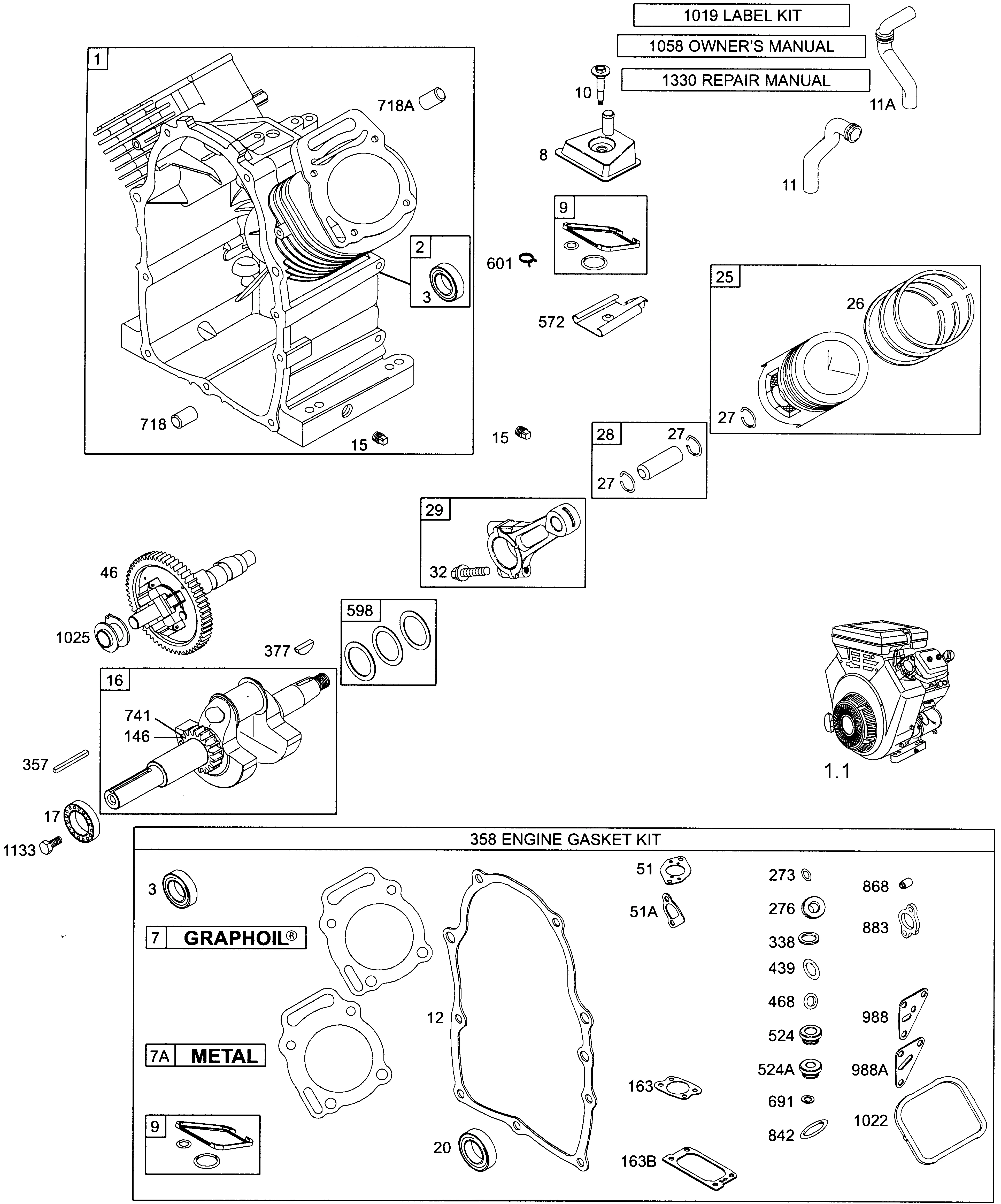 Carter, vilebrequin, piston, arbre à cames