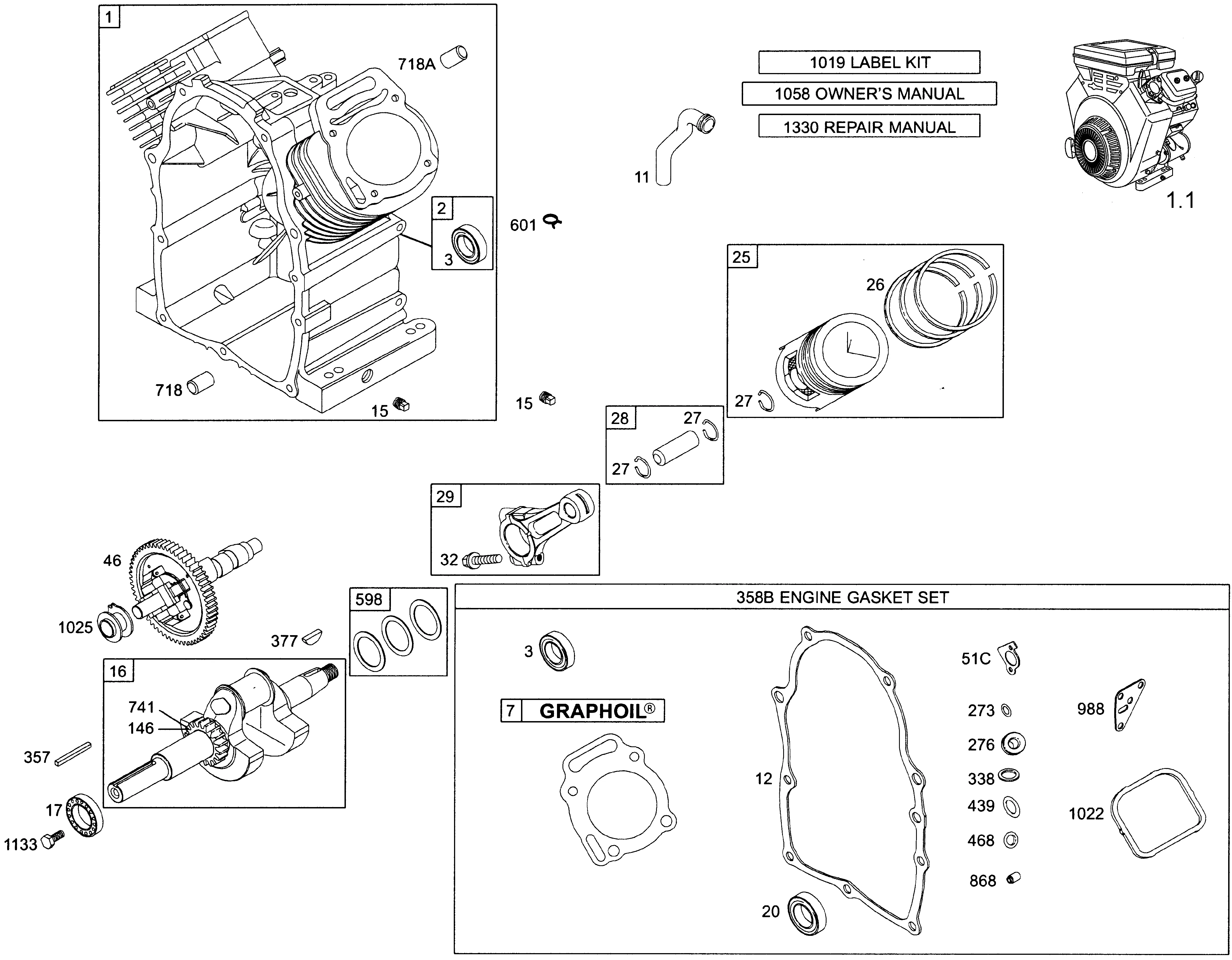 Carter, vilebrequin, piston, arbre à cames