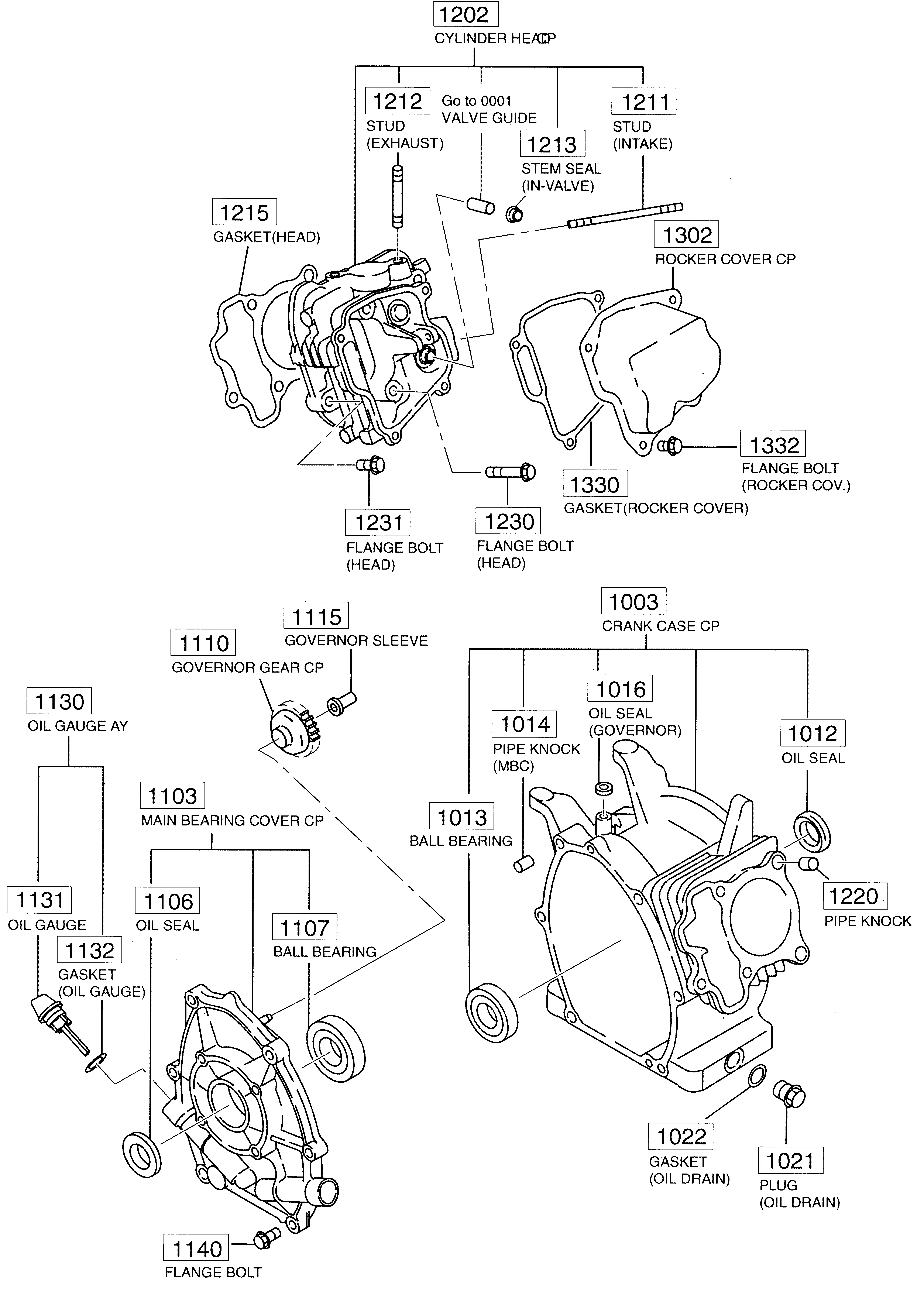 Crankcase, lateral housing cover, cylinder head