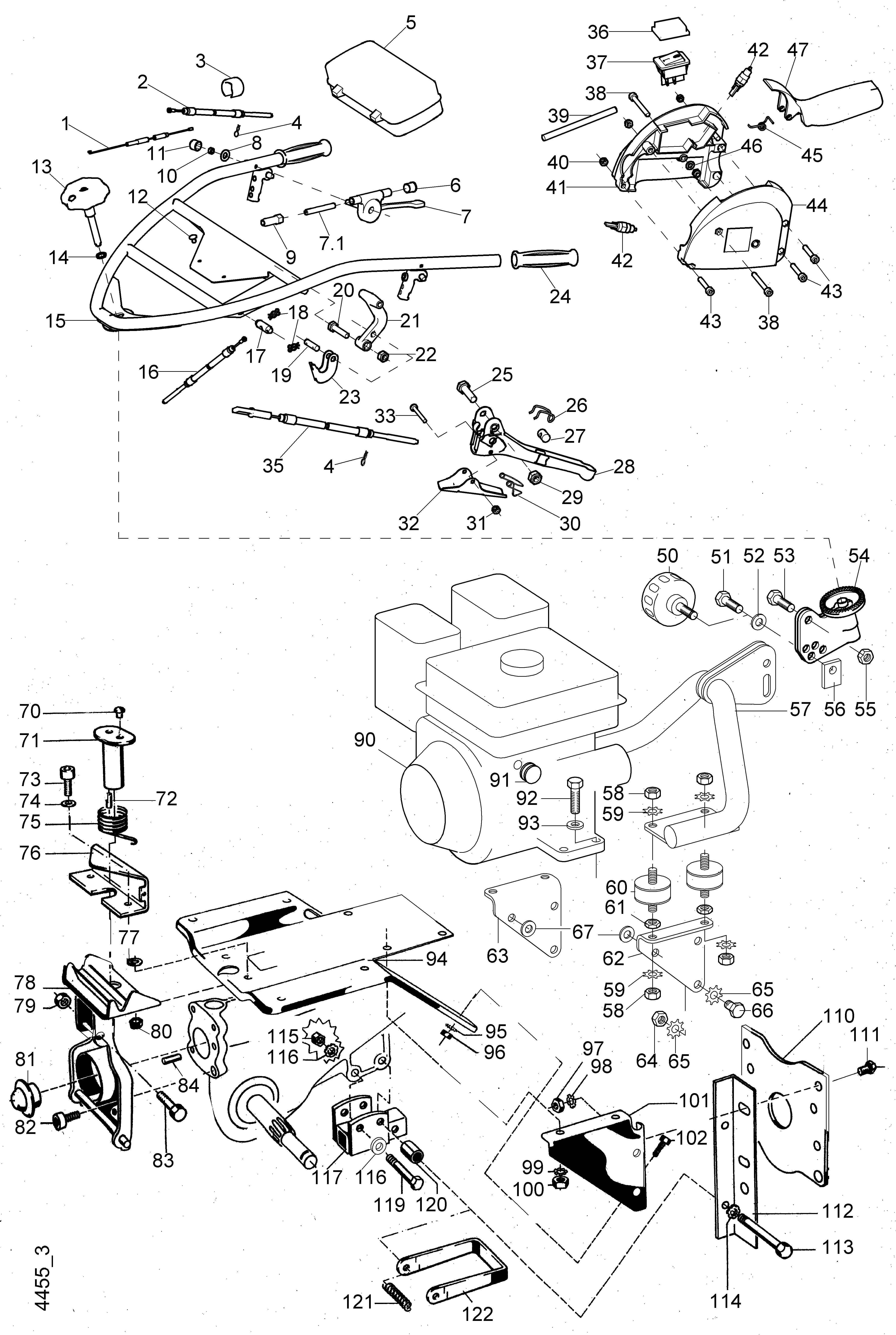 Handlebar, bowden cables, engine attachment,