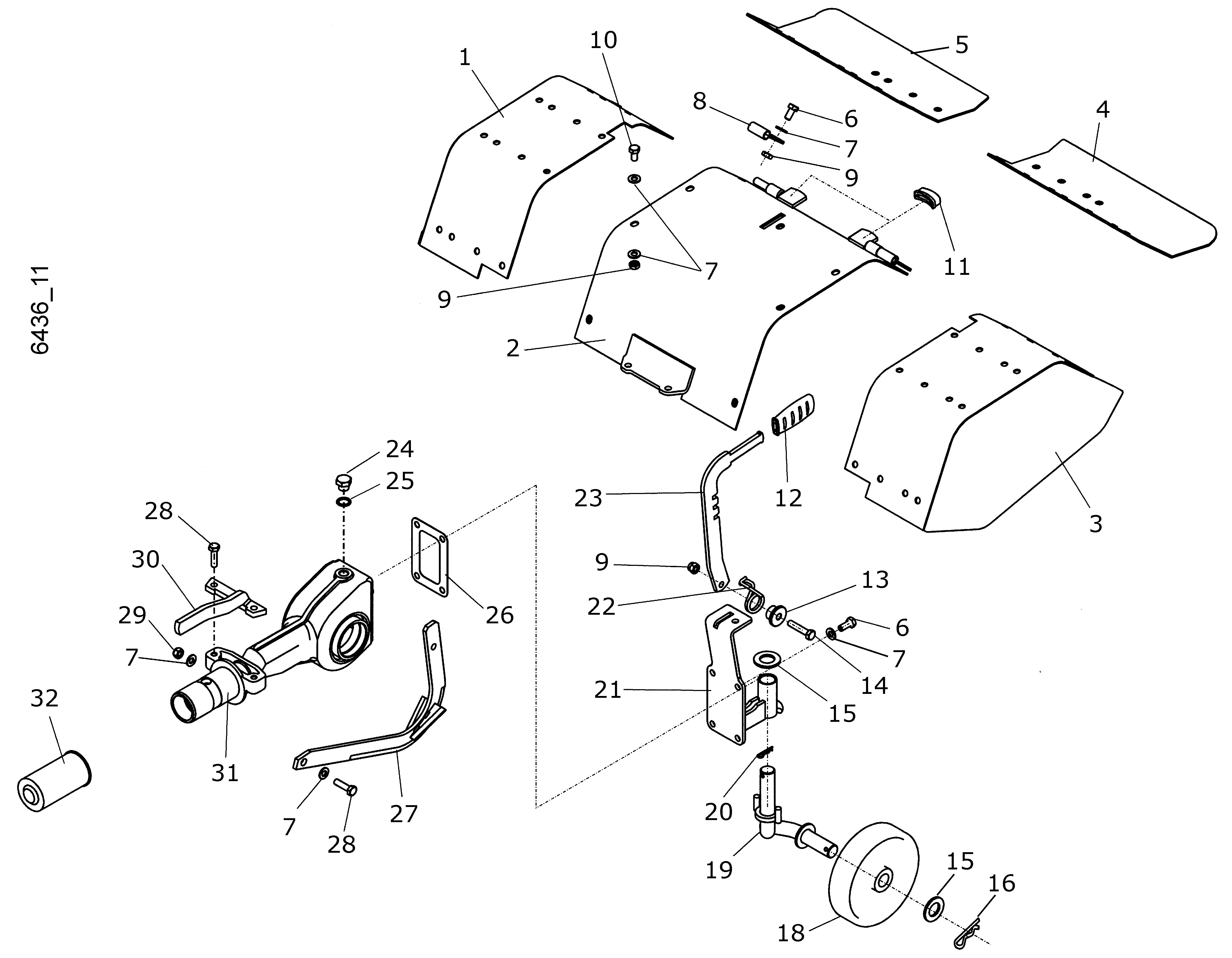 Rotory cover, hoeing skid, transport wheel