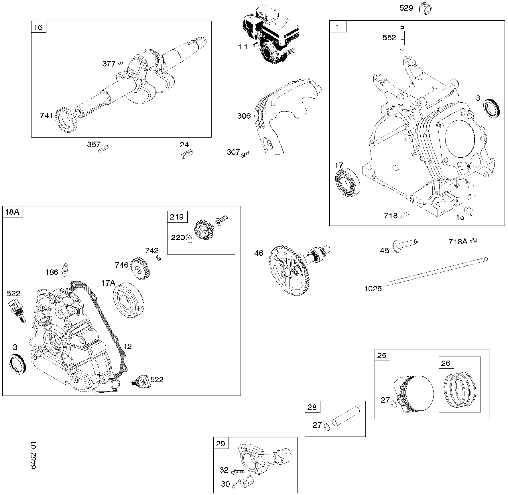 Vilebrequin, carter, cylindre, arbre à cames, piston, bielle