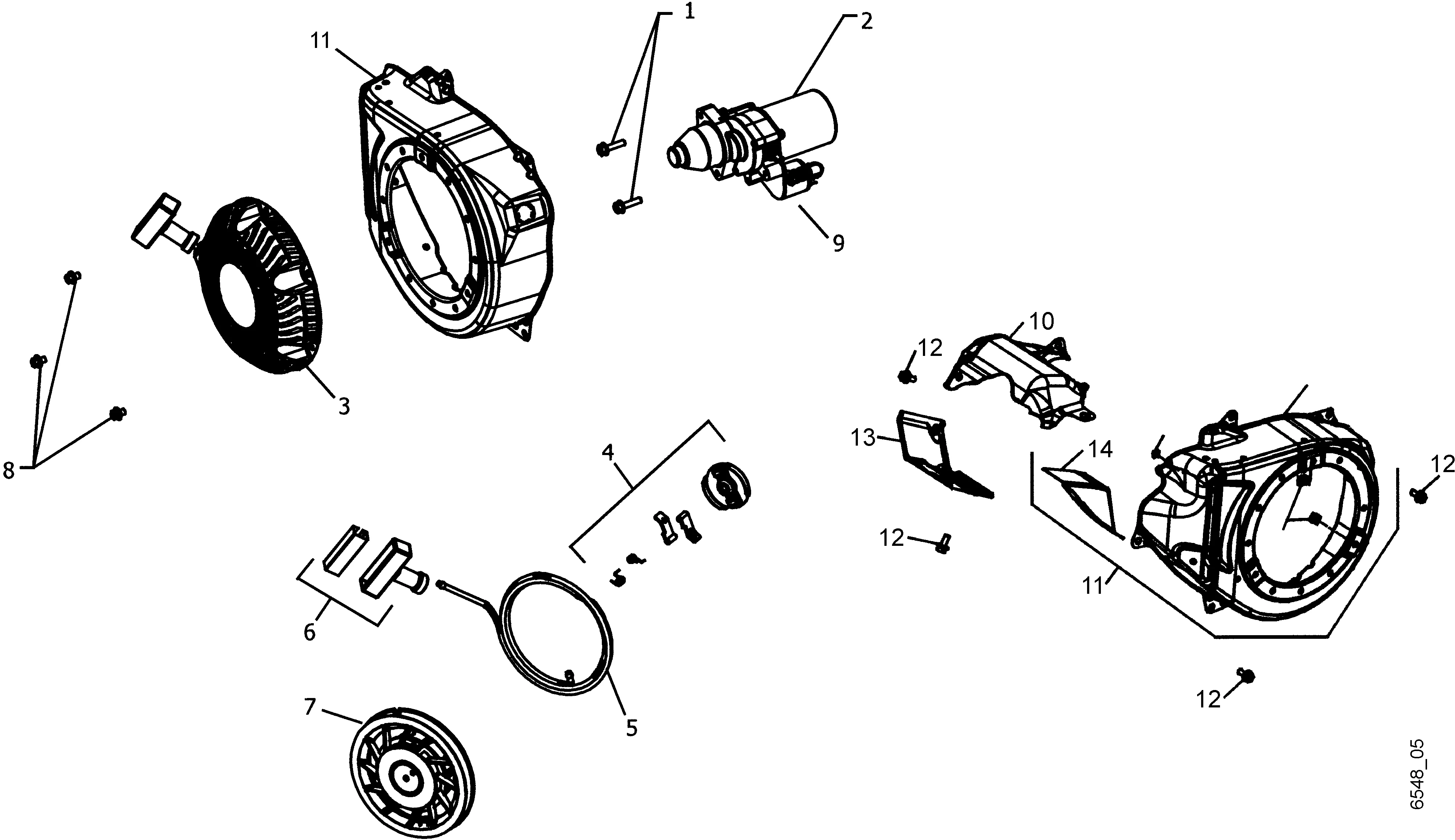 Carter de ventilateur, lanceur reversible, démarreur