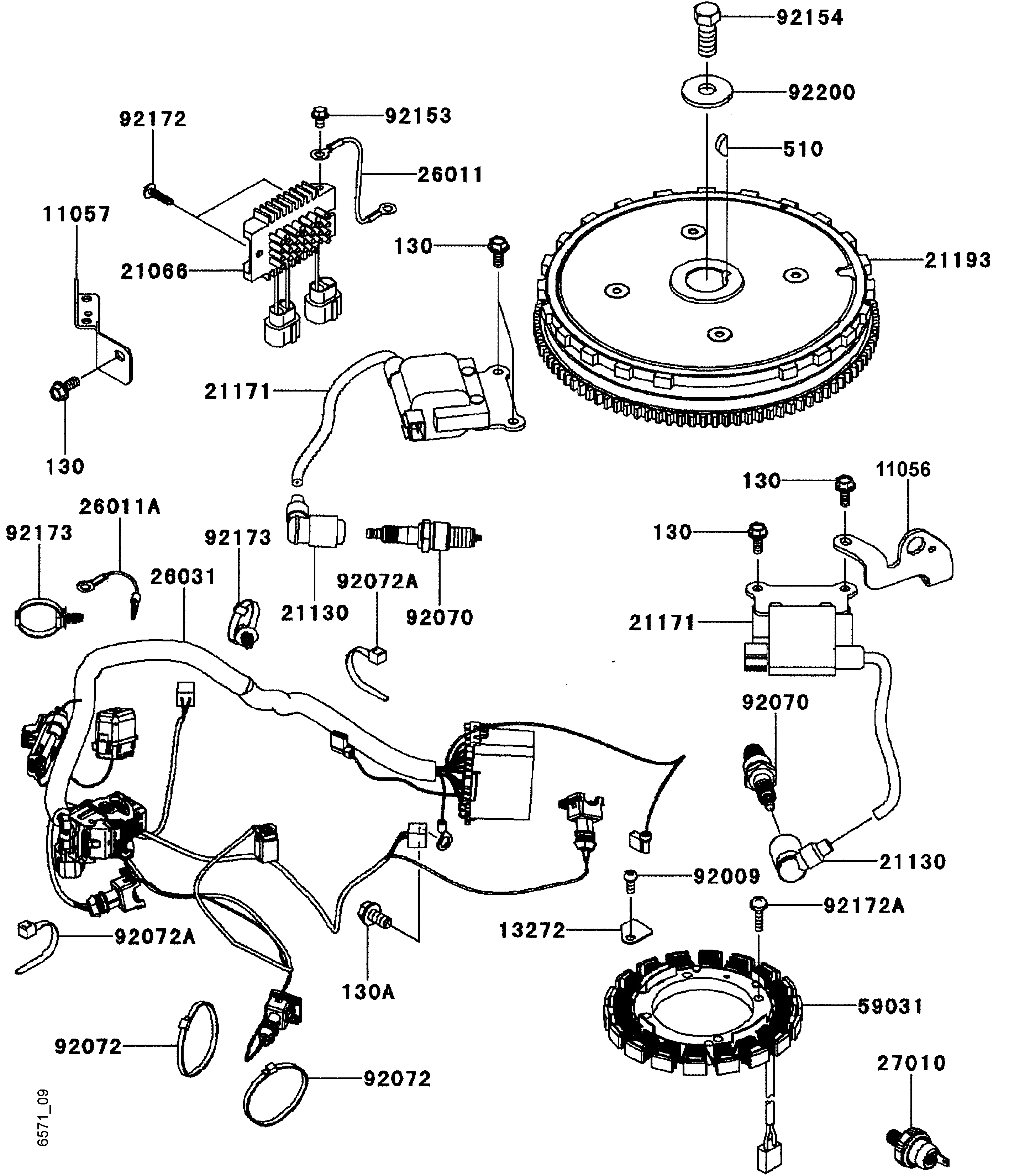 Flywheel, generator, ignition, oil pressure switch