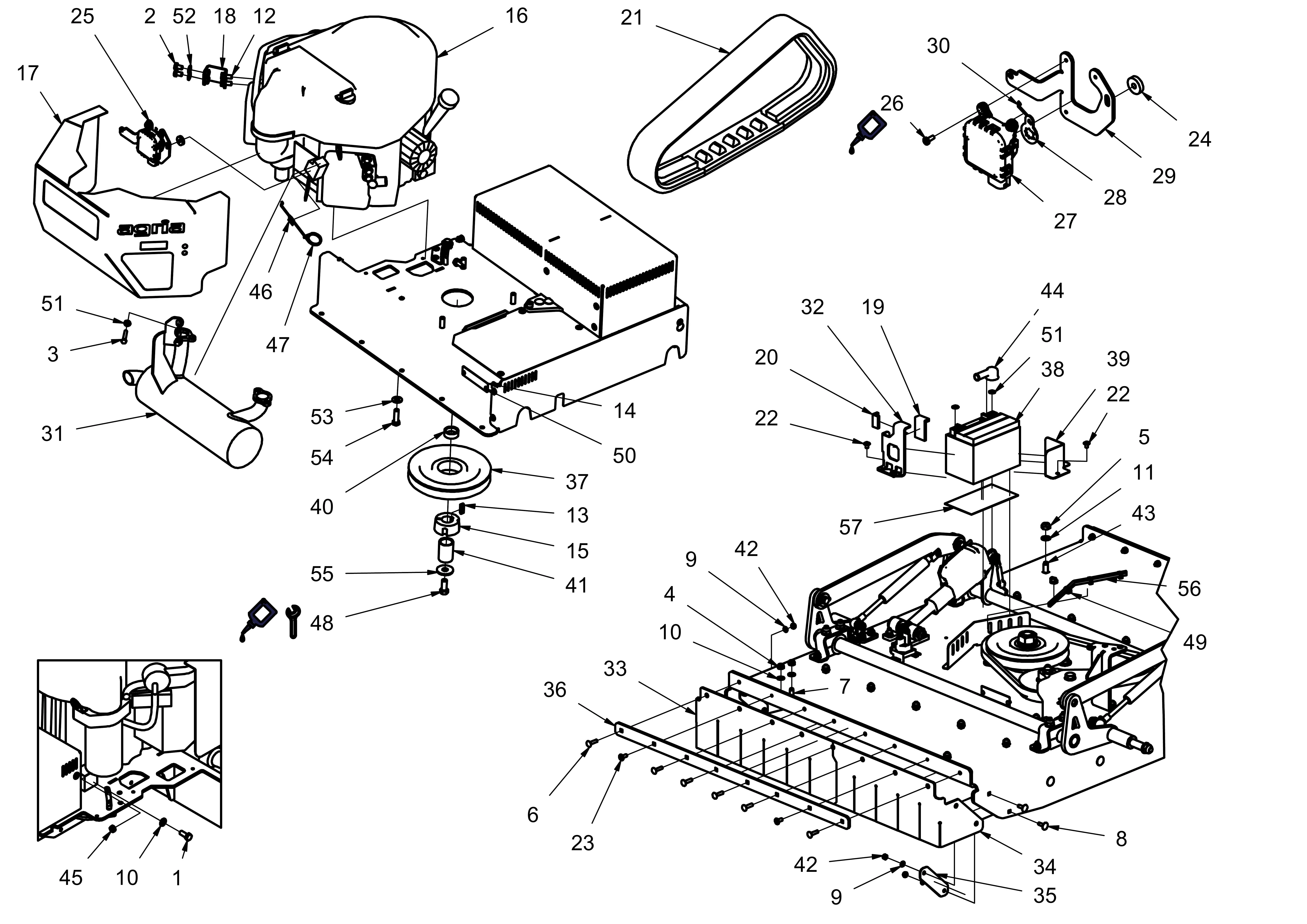 Engine attachments, battery, caterpillar treads